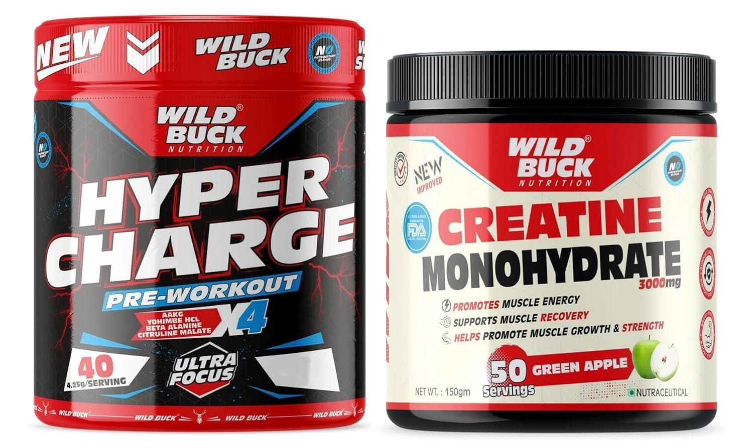 WILD BUCK WILD BUCK Hyper Charge Pre-X4 Hardcore Pre-Workout Supplement Powder with Creatine Monohydrate, Arginine AAKG, Beta-Alanine, Caffeinated Punch-For Men & Women [40 Serving, Virgin Mojito] + WILD BUCK Creatine Monohydrate Powder, Strength, Reduce Fatig