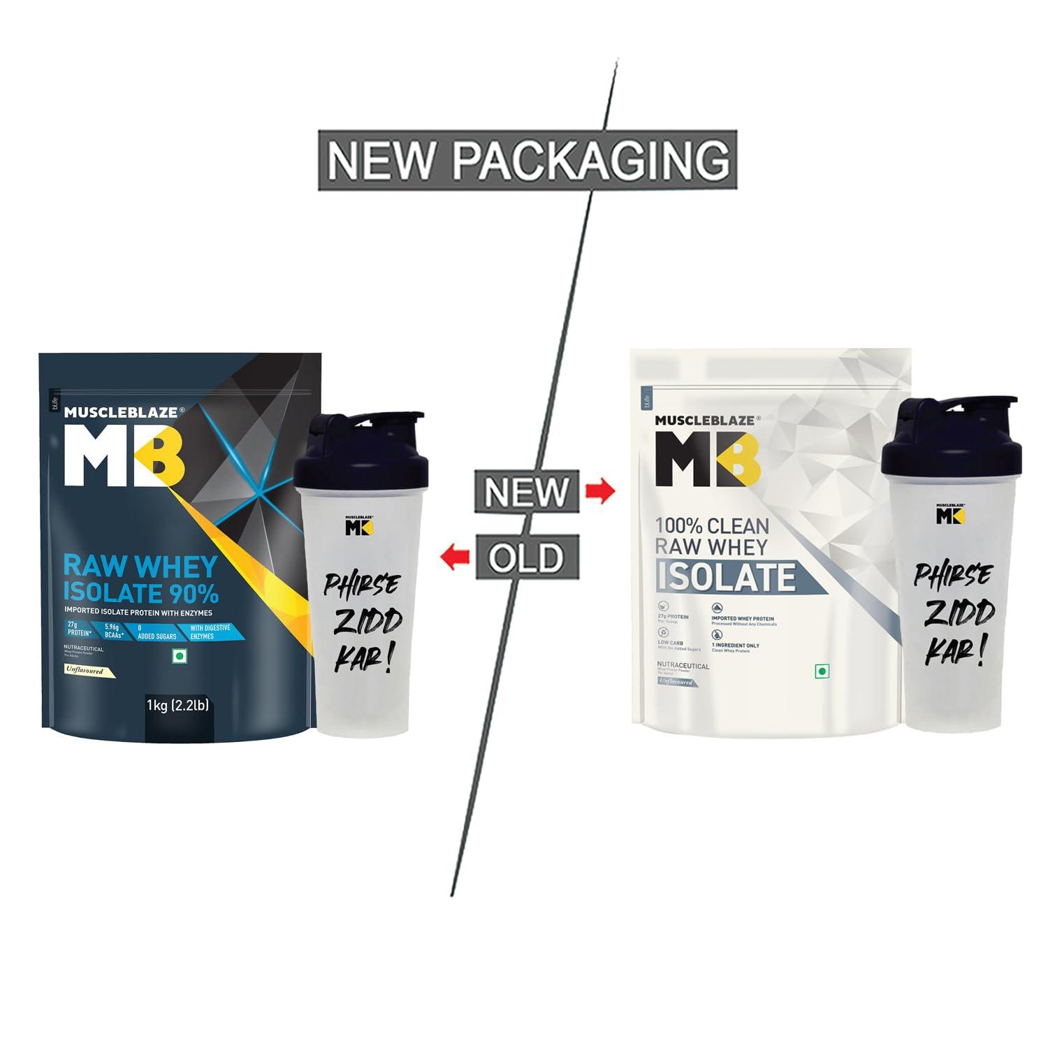 MuscleBlaze MuscleBlaze 100% Clean Raw Whey Protein Isolate (Unflavoured, 1kg) | 27g Protein per Scoop with Shaker, 650ml (Combo Pack)