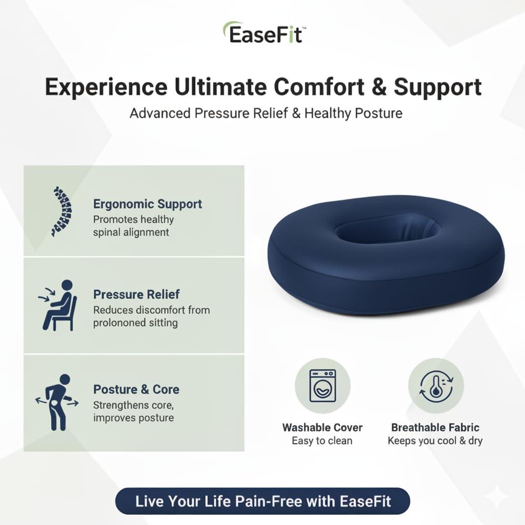 EASEFIT EASEFIT Orthopedic Soft Foam Donut Ring Cushion Pillow for Piles, Hemorrhoids Coccyx Tailbone Fistula Sciatica Post Natal Chair Lumar Pain Relief During Pregnancy, Seat Pillow, Washable, Blue