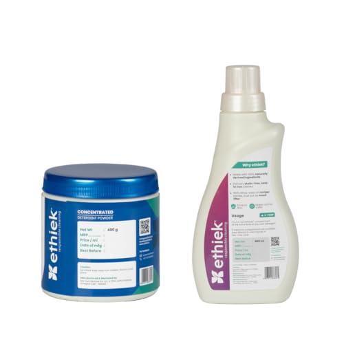 ETHIEK Ethiek Concentrated Detergent Powder (400g) & Fabric Conditioner (0.5L), Natural & Organic Detergent with 3X Power for Tough Stains and After Wash Fabric Softener, For Top & Front Load Machine - Combo