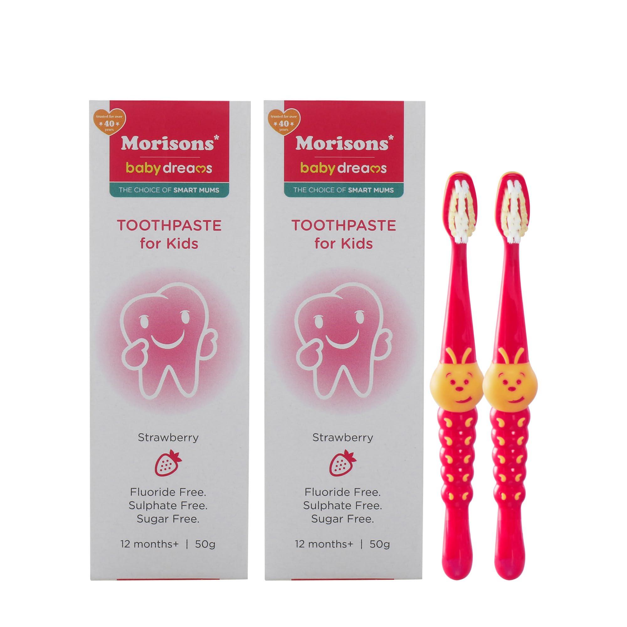 Morisons* babydreams THE CHOICE OF SMART MUMS Morisons Baby Dreams Kids Strawberry Flavour Toothpaste 50 gm (Pack of 2) & Baby Caterpillar Oral Care Toothbrush with Soft Bristles (Pack of 2)