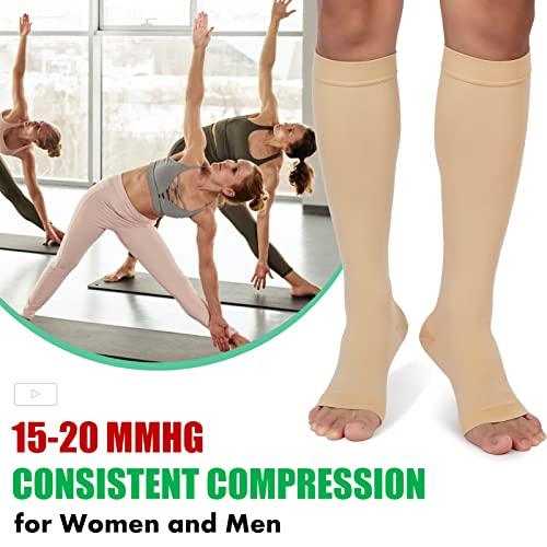 MGANG Compression Socks, Open Toe, 15-20 mmHg Graduated Compression Stockings for Men Women, Knee High Compression Sleeves for DVT, Maternity, Pregnancy, Varicose Veins, Relief Shin Splints, Beige XXL