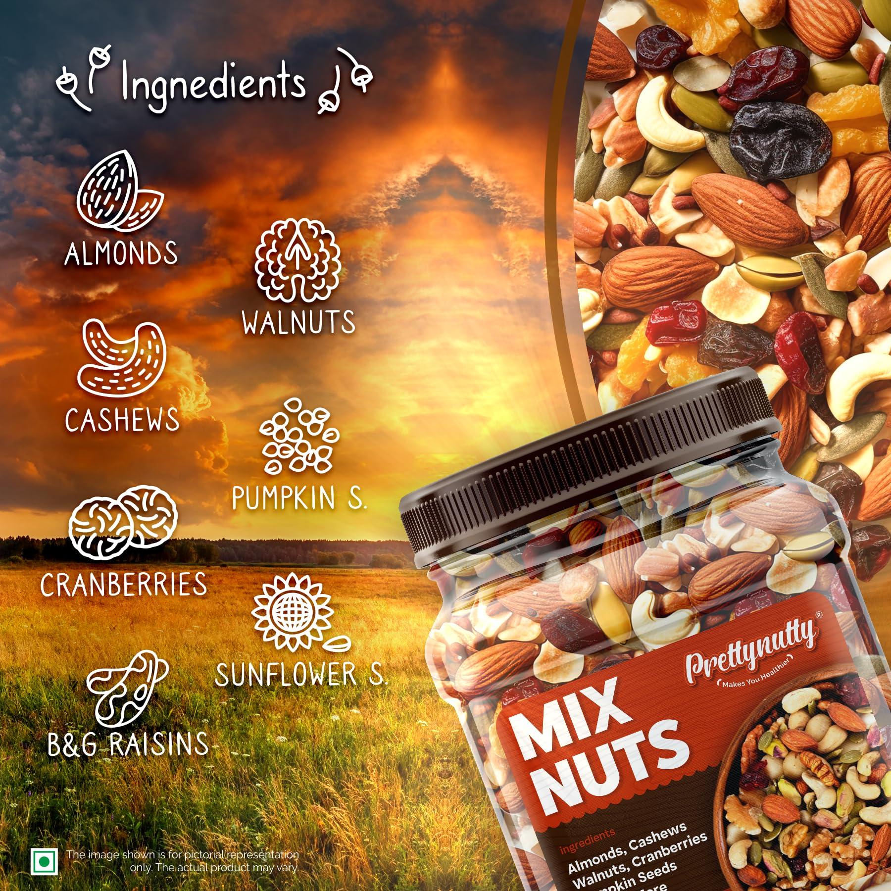 PrettyNutty PrettyNutty Healthy Nutmix 500g, Dried Almonds, Black Raisins, Cashewnuts, Cranberries, Black Dates & Many More. (Pack of Jar)