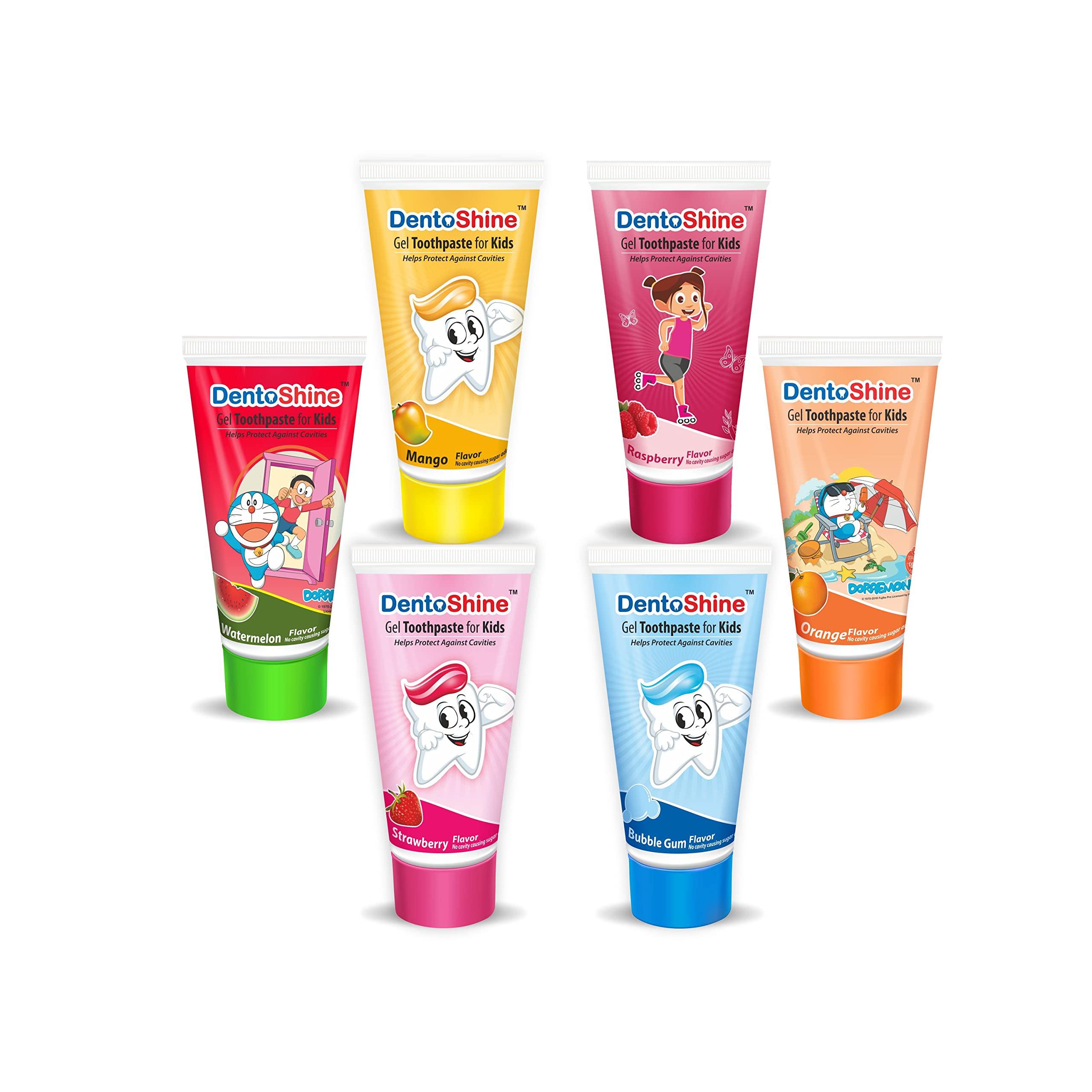 DentoShine DentoShine Gel Toothpaste for Kids - Assorted Flavors (Pack of 6) (Bubble Gum, Mango, Orange, Raspberry, Strawberry, Watermelon (80g each))