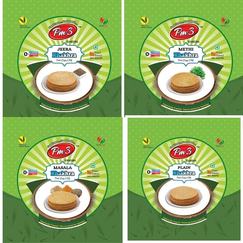 Pm3 Pm3 Khakhra (4 pkt *200g=800g) Combo pack Methi, Masala, Jeera & Plain | Gujrati Indian Snacks | Healthy | 100% Natural Ingredient | Diet Friendly ! world best khakhra