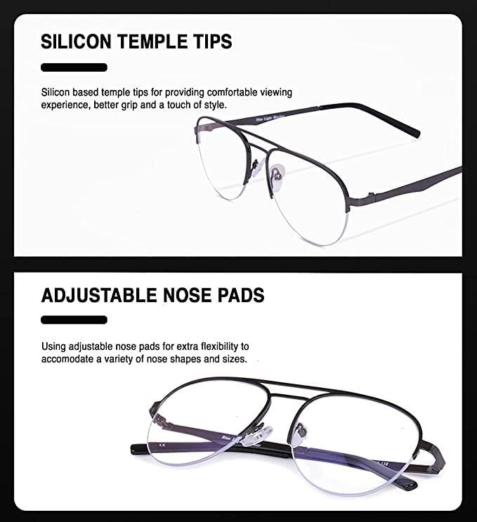 Eymen I Eymen I Blue Light Glasses for Men Semi Rim Glasses Crystal Lens Rimless Glasses Computer Glasses UV Blocking Gaming Eyeglasses (Semi-Circular Aviator)