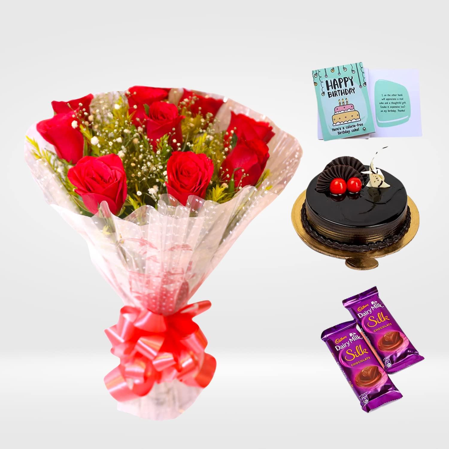 BIGWISHBOX Bigwishbox Best Combo | Chocolate Cake 500g | Fresh Flowers (10 Red Roses Bouquet) | 02 Silk Chocolates | 01 Greeting Card | Birthday/Anniversary Gift | Sameday/Nextday Delivery