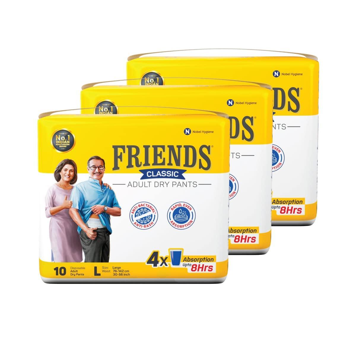 Generic Friends Classic Adult Diapers Pants Style - 70 Count (Large) with odour lock and Anti-Bacterial Absorbent Core- Waist Size 30-56 inch ; 76-142cm sold by bmpharma