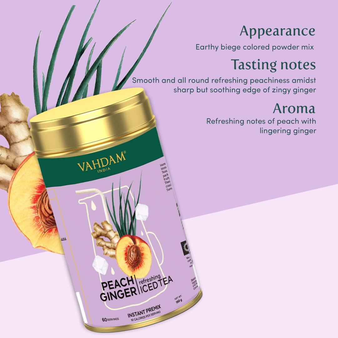 VAHDAM Peach Ginger Iced Tea Instant Premix (150g/5.29oz) 60 Servings | Lightly Sweetened Iced Tea | Fruity Peach & Zingy Ginger | Best for Mocktails & Cocktails | Packed in Tin Caddy | VAHDAM