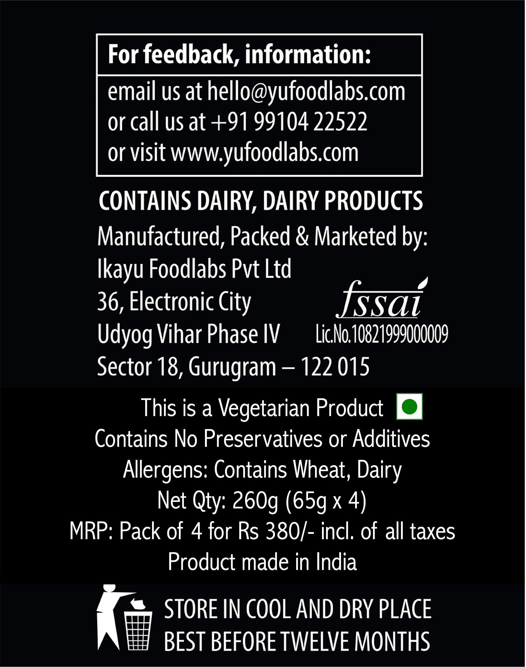 Yu Foodlabs Yu Foodlabs Pasta - Ready To Eat - Three Cheese Sauce - Instant Meal - Pack of 4 - No Preservatives & Additives - 100% Natural & Vegetarian - Instant Food in 4 mins - 260 GMS