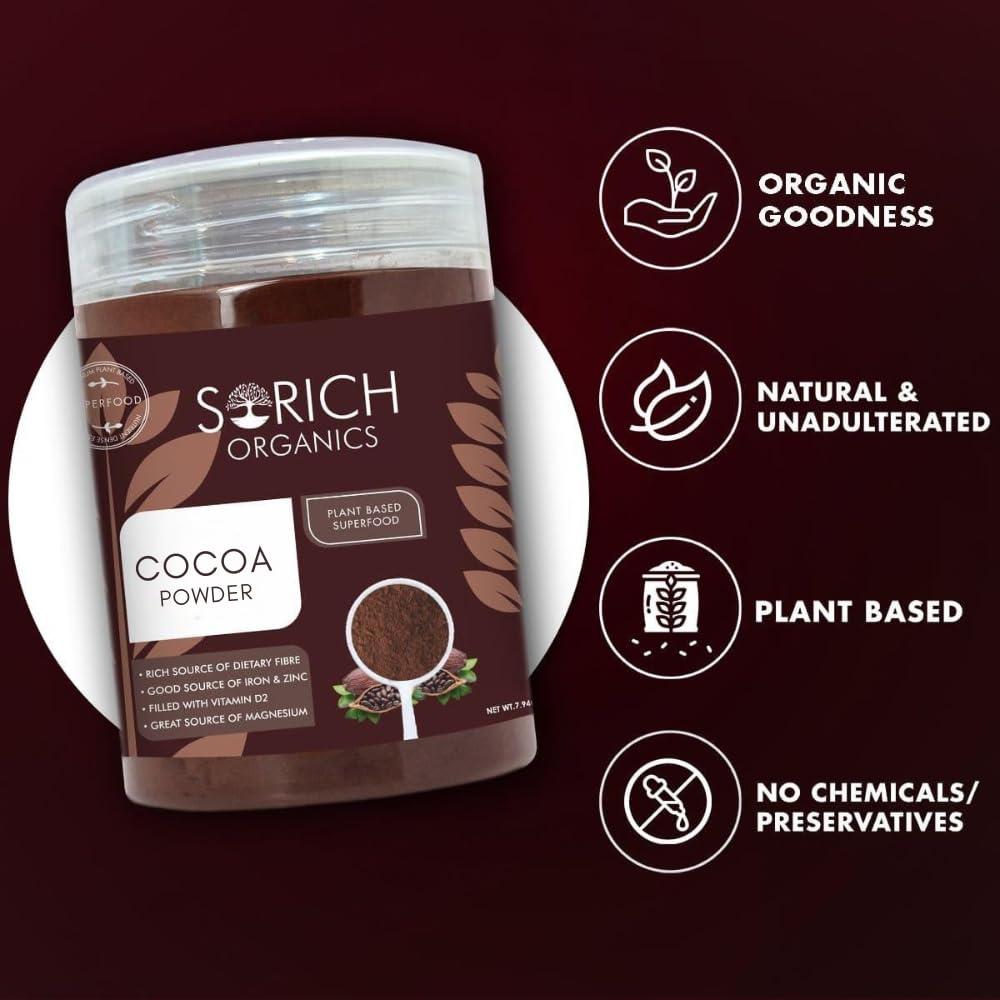 Sorich Organics Sorich Organics Dark Cocoa Drink Powder 225gm | Dark Cocoa Powder for Cake, Chocolates, Cookies, Brownies, Hot/Cold Milk Shakes, Desserts, Bars, Smoothies | Vegan | Gluten Free (Unsweetened)