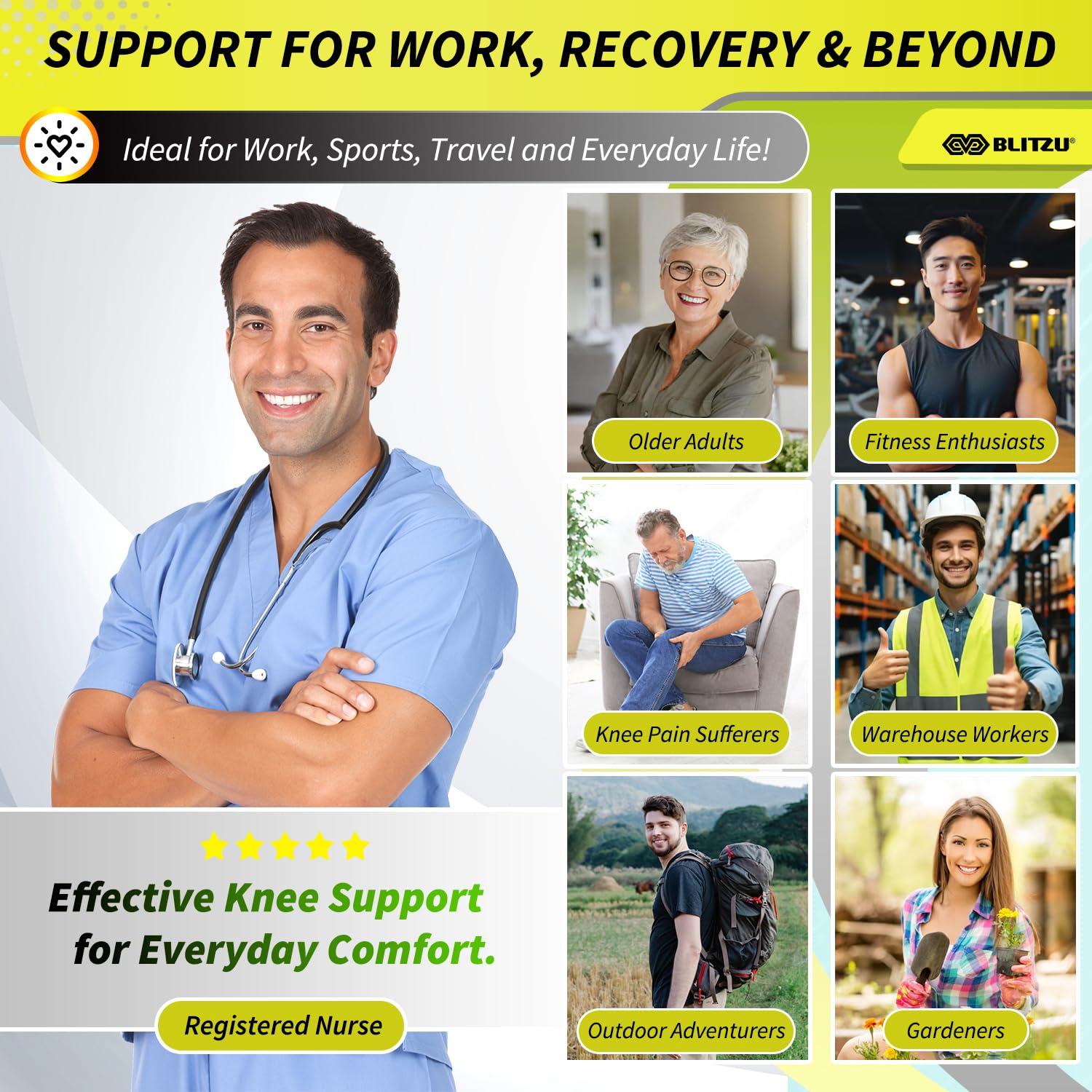 BLITZU BLITZU Flex Plus Compression Knee Brace Men and Women for Joint Pain, ACL MCL Arthritis Relief Meniscus Tear Support for Running Gym Workout Recovery Sleeves Strap Patella 7mm 5mm Neoprene Pad