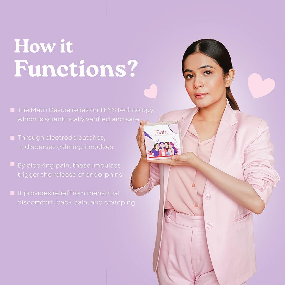 Matri Matri Period Pain Relief Device - Advanced TENS Technology for Instant Menstrual Pain Relief, Wearable & Drug-Free Cramp Relief, Rechargeable & Non-Invasive, Portable Solution for Womens Comfort, 18-Month Warranty, As Seen on Shark Tank
