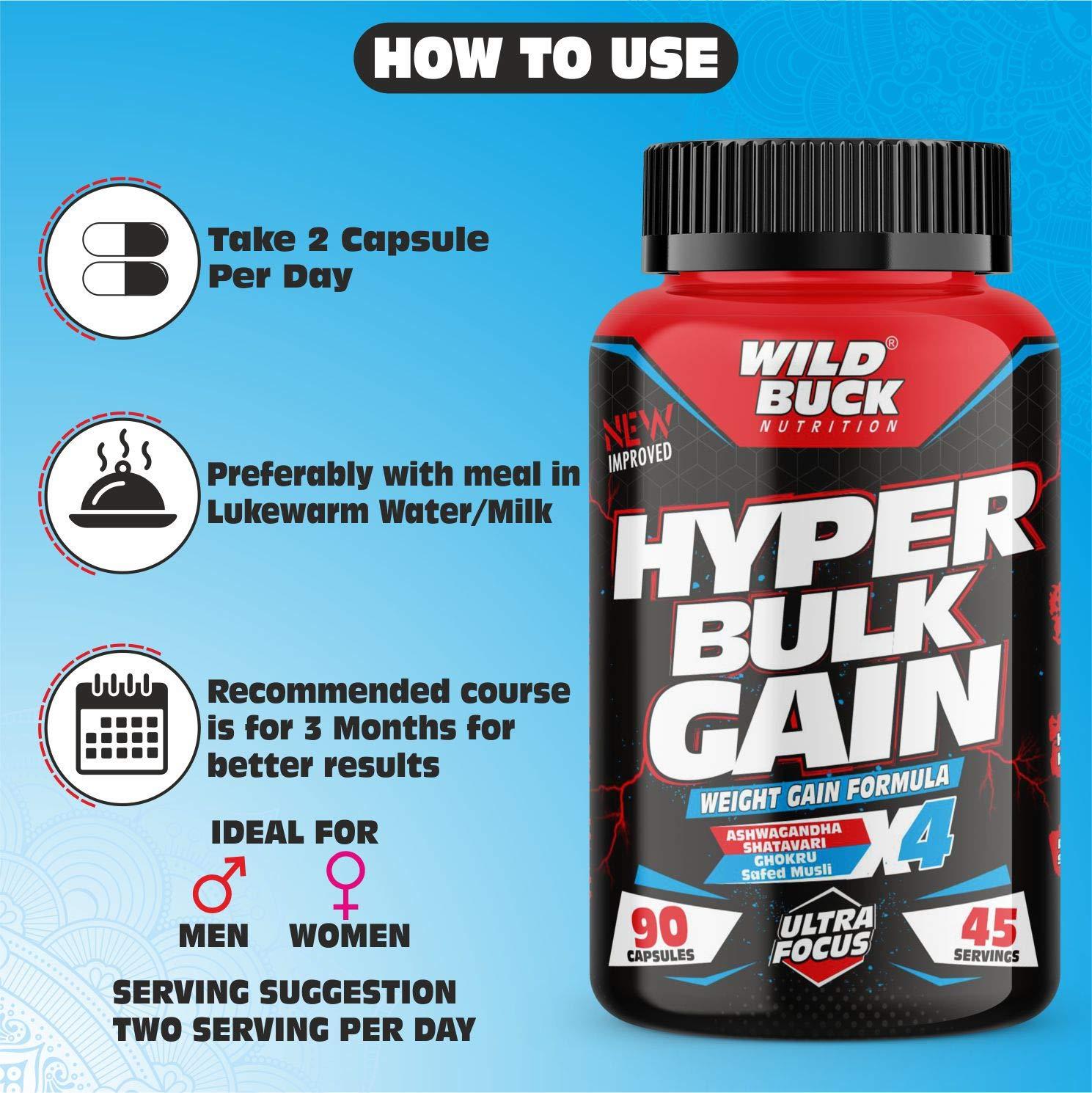 WILD BUCK Wild Buck Hyper Bulk Gain Mass & Weight Gainer Capsule for Fast Weight & Muscle Gain, Daily Muscle Building Weight Lifters Supplement for Muscle Growth, Stamina & Strength, For Men & Women- 90 Cap.