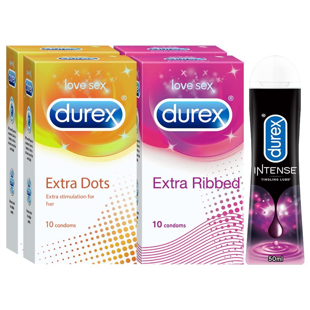 Durex Pleasure Packs (Durex Extra Thin 10s, Extra Ribbed 10s, Extra Thin 10s, Extra Ribbed 10s, Intense Tingling Lube 50 ml)