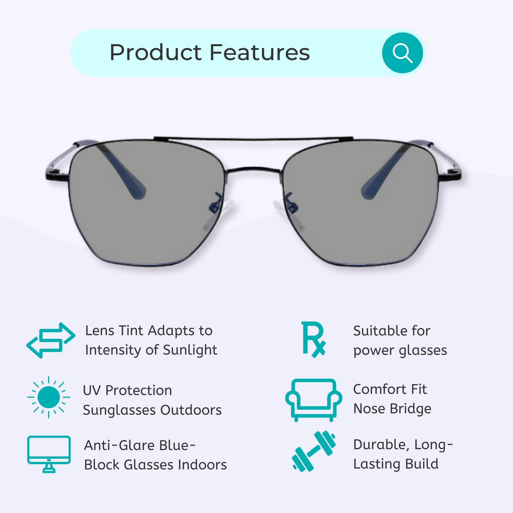 Vast Vast Photochromic Blue Cut Computer Glasses for Eye Protection | Zero Power Anti Glare & Blue Light Filter | UV Protect Specs for Men & Women| Frames| Cooling Glasses Lens