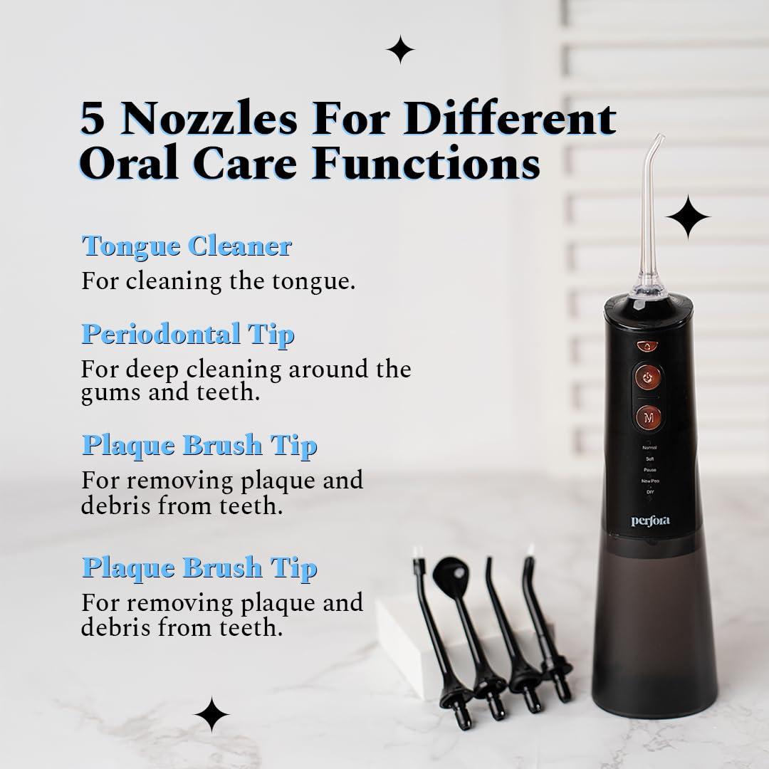 Perfora Perfora Smart Water Dental Flosser - 300ml | 2 Year Warranty | 5 Water Pressure Settings & 5 Nozzles, 1500mAh Battery | Rechargeable Dental Floss for Teeth Oral Care, IPX7 Waterproof (Black Gold)