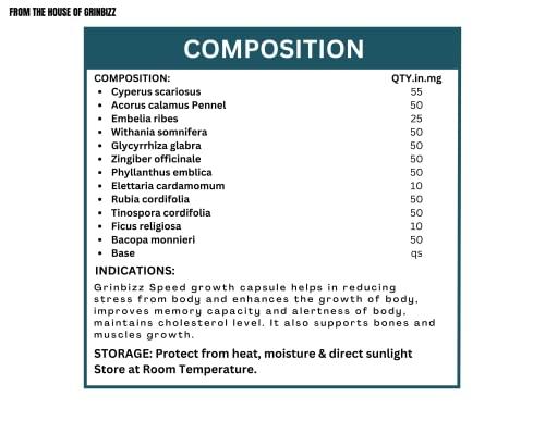 GRINBIZZ GRINBIZZ Speed Growth Capsule Advanced Herbal Formula To Increase Height | Growth On | Height Growth | Body Growth | For Girls & Boys | No Side Effects | 100% Ayurvedic (speed growth pk 15 capsule)
