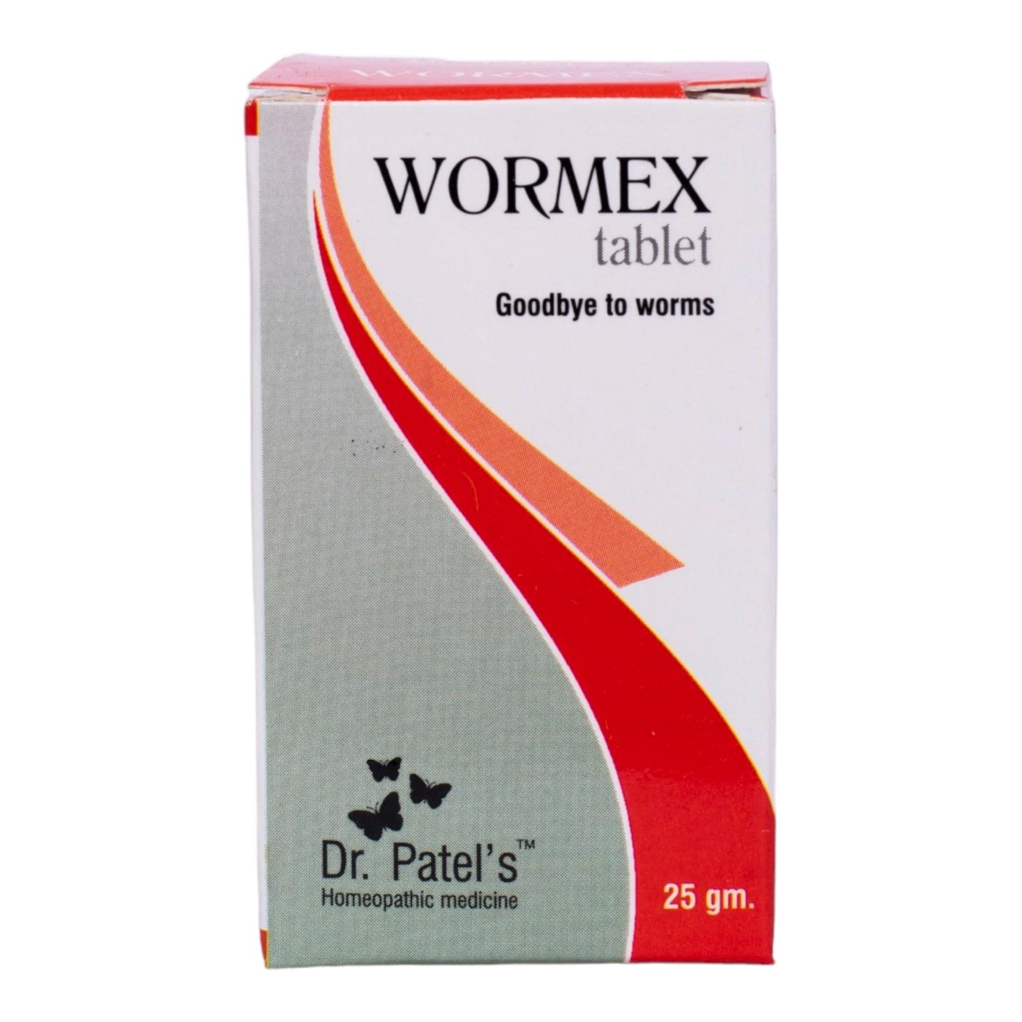 DR PATELS HOMEOPATHIC MEDICINES Dr Patel\'s Homeopathic Wormex Tablets | Ideal Treatment for Diarrhea, Convulsions, Itching, Parasitic Diseases, Worm Infestations, Weakness, and Irritability - 25gms (Pack of 2)