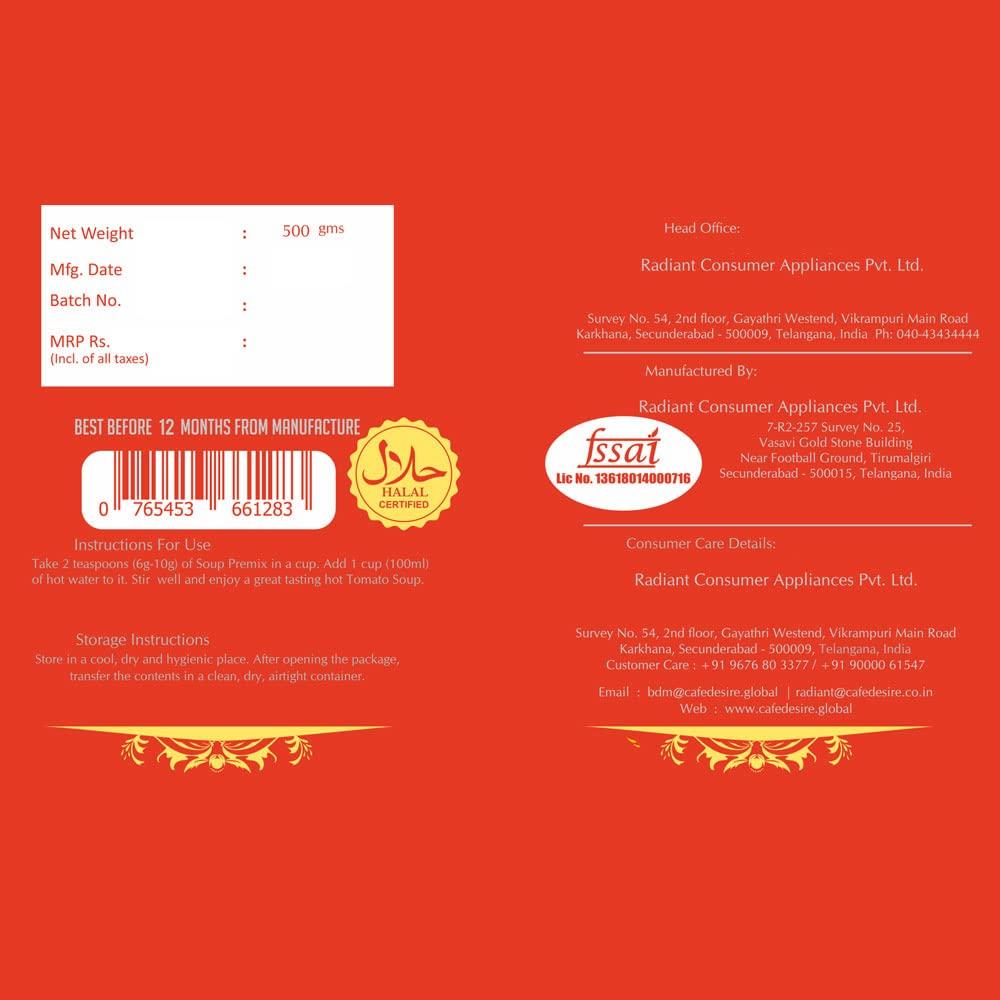 Cafe DESIRE I DRINK SUCCESS Cafe DESIRE I DRINK SUCCESS Instant Tomato Soup Premix for Vending Machine ( 500g ) | Rich Taste as Home-Made | Makes 40 Cups