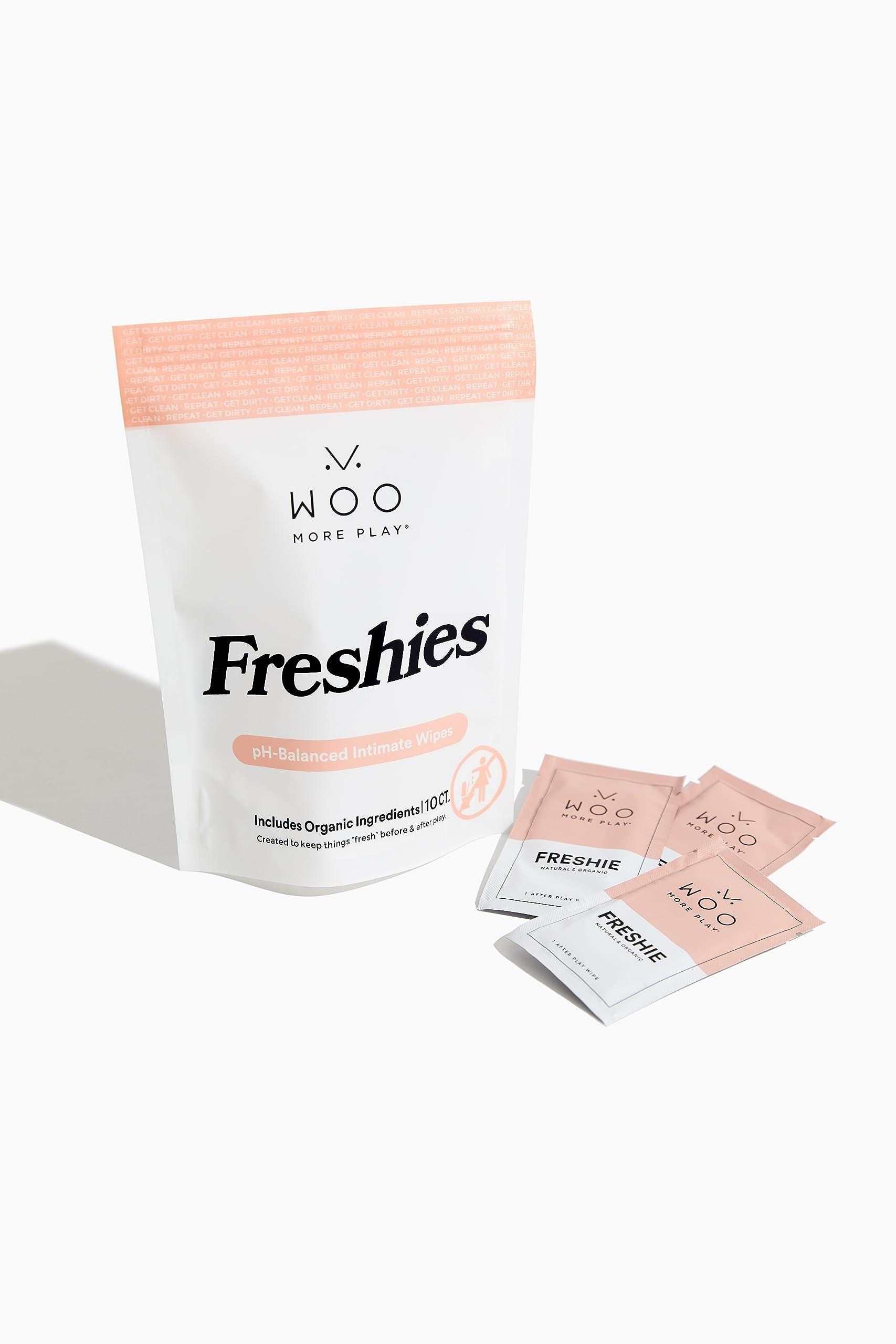 Woo More Play Woo More Play: Freshies - 10ct - All-Natural Towelettes - Refreshing Aroma - Vitamins, Antioxidants, and Antibacterial - Promotes Healthy Skin - Reduce Risk of Inflammation/UTIs