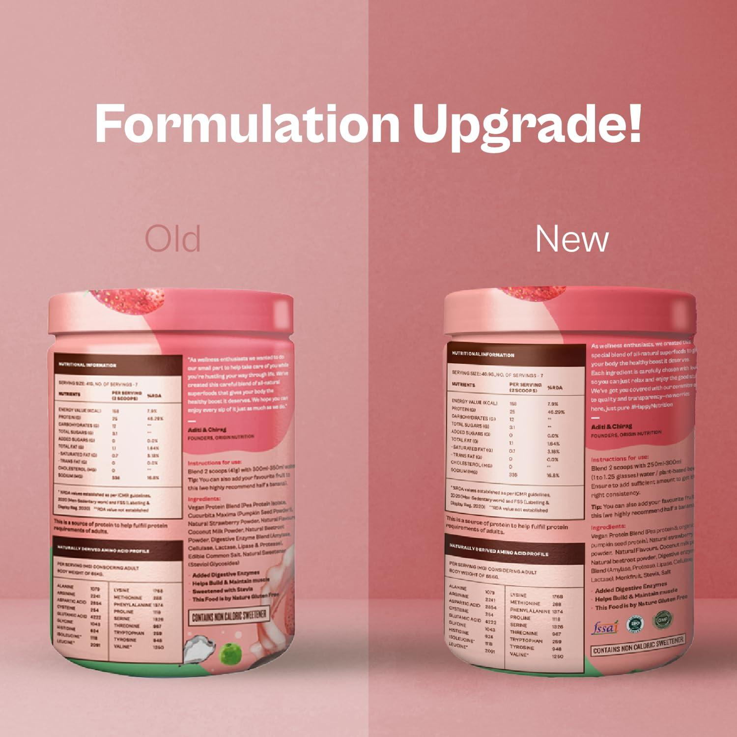 ORIGIN NUTRITION Origin Nutrition 100% Plant Protein Powder, Strawberry Flavour with 25g Plant Based Protein, Gluten Free, Dairy Free, No Added Sugar, Soy Free, Non - GMO, 7 Servings, 286g