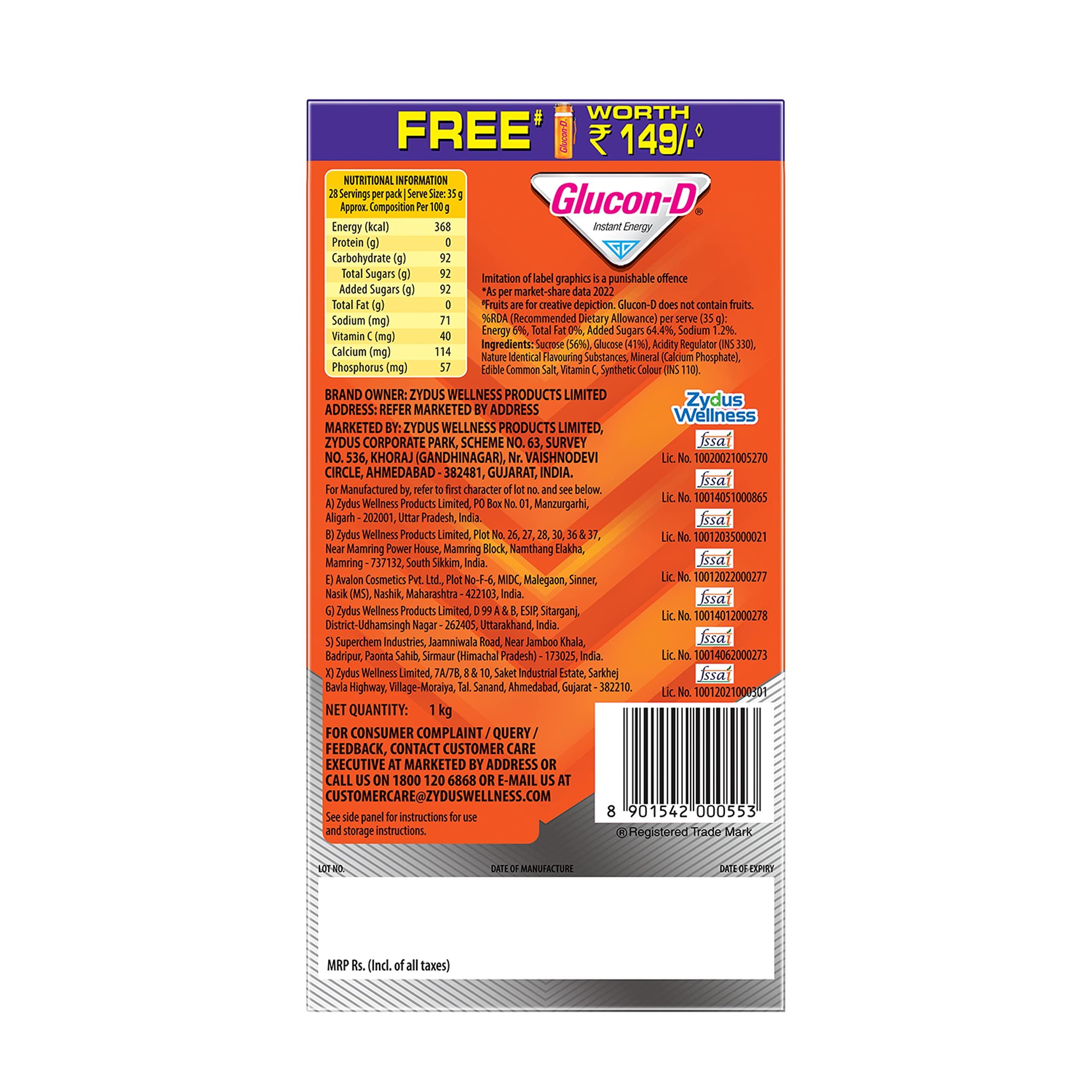 Glucon-D Glucon-D Instant Energy Health Drink Tangy Orange - 1kg Refill with free bottle & Glucon D Instant Energy Health Drink Nimbu Pani - 1kg Refill with Free Bottle