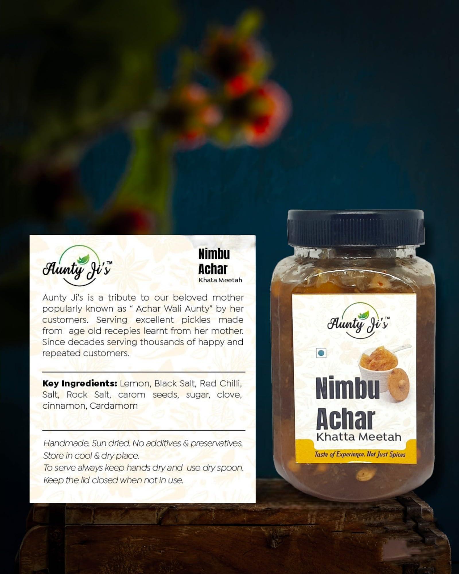 Aunty Ji\'s Aunty Ji\'s Khatta Meetha Nimbu Achar With Unique Taste and Aroma | 350 Grams Lemon Pickle | Preservative Free Good For Digestion | Goes Well With Your Parathas, Rice Etc; Enjoy Anytime