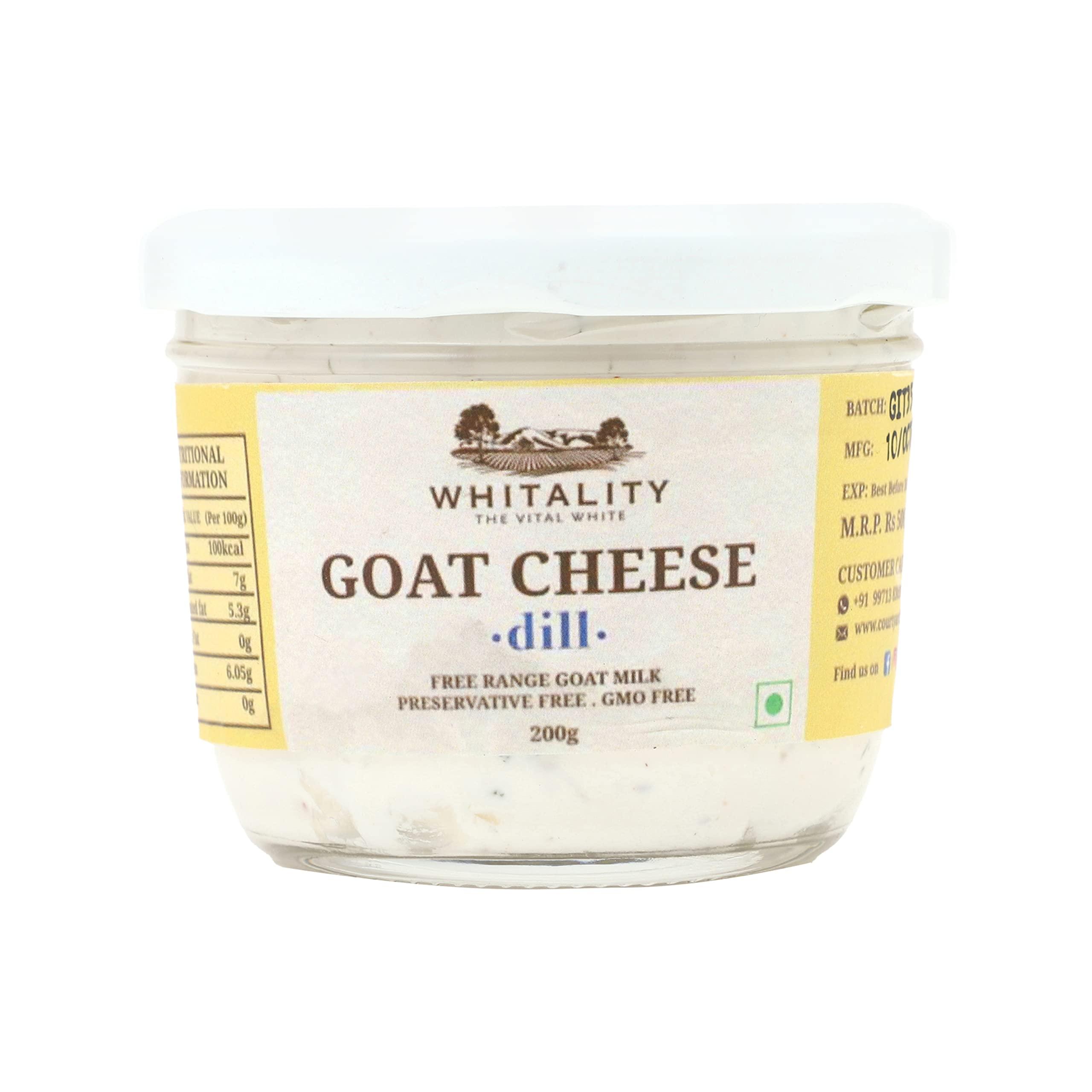 WHITALITY Whitality Goat Cheese | Chevre | Classic | Dill | Preservatives Free | GMO Free | Aravalli grazed free range Goat Milk | Glass jar packaging | 200g each
