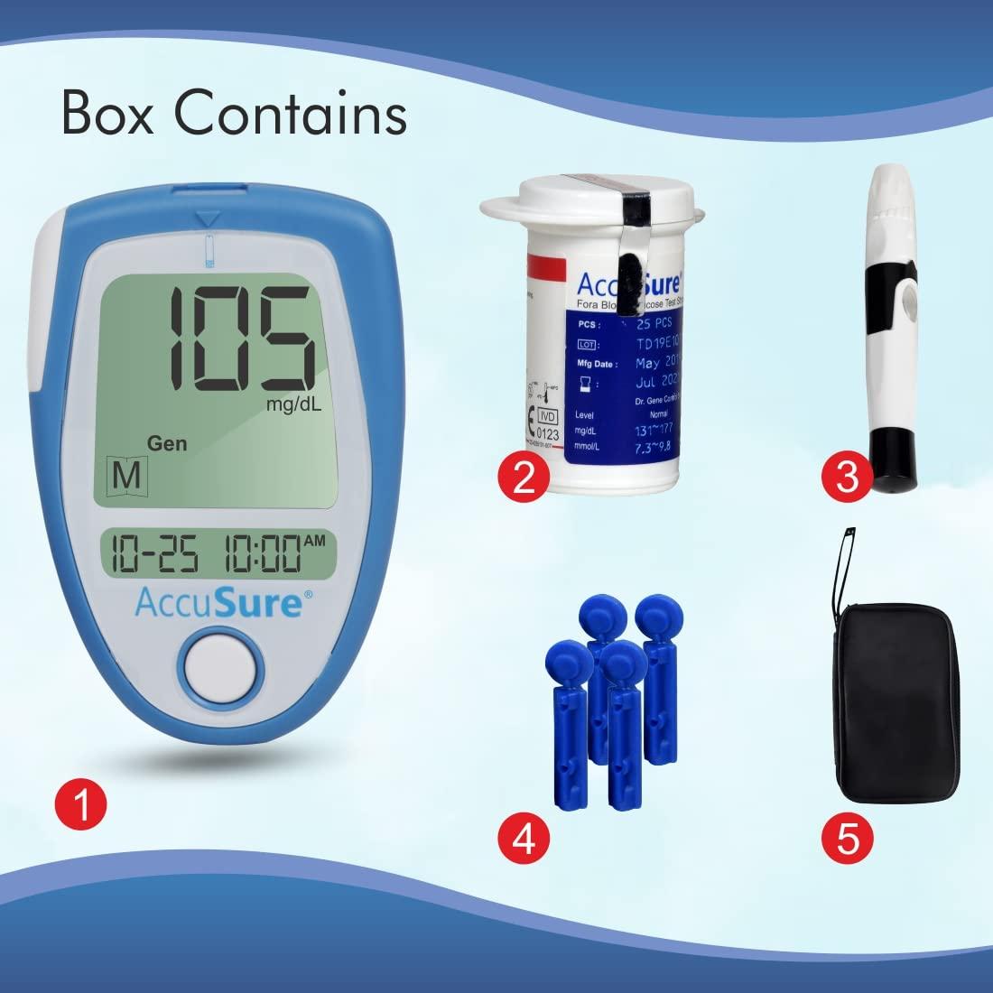 AccuSure AccuSure Instant Digital Blood Glucose Glucometer Kit Combo Value-Pack (25 Test Strips + 10 Lancets + 1 Lancing device) with Extra pack of 25 strips |Blood Glucose Testing Meter.