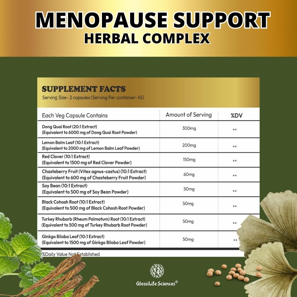 GlossiLife Sciences Menopause Support 4 in 1 Dong Quai Lemon Balm Red Clover Chasterberry