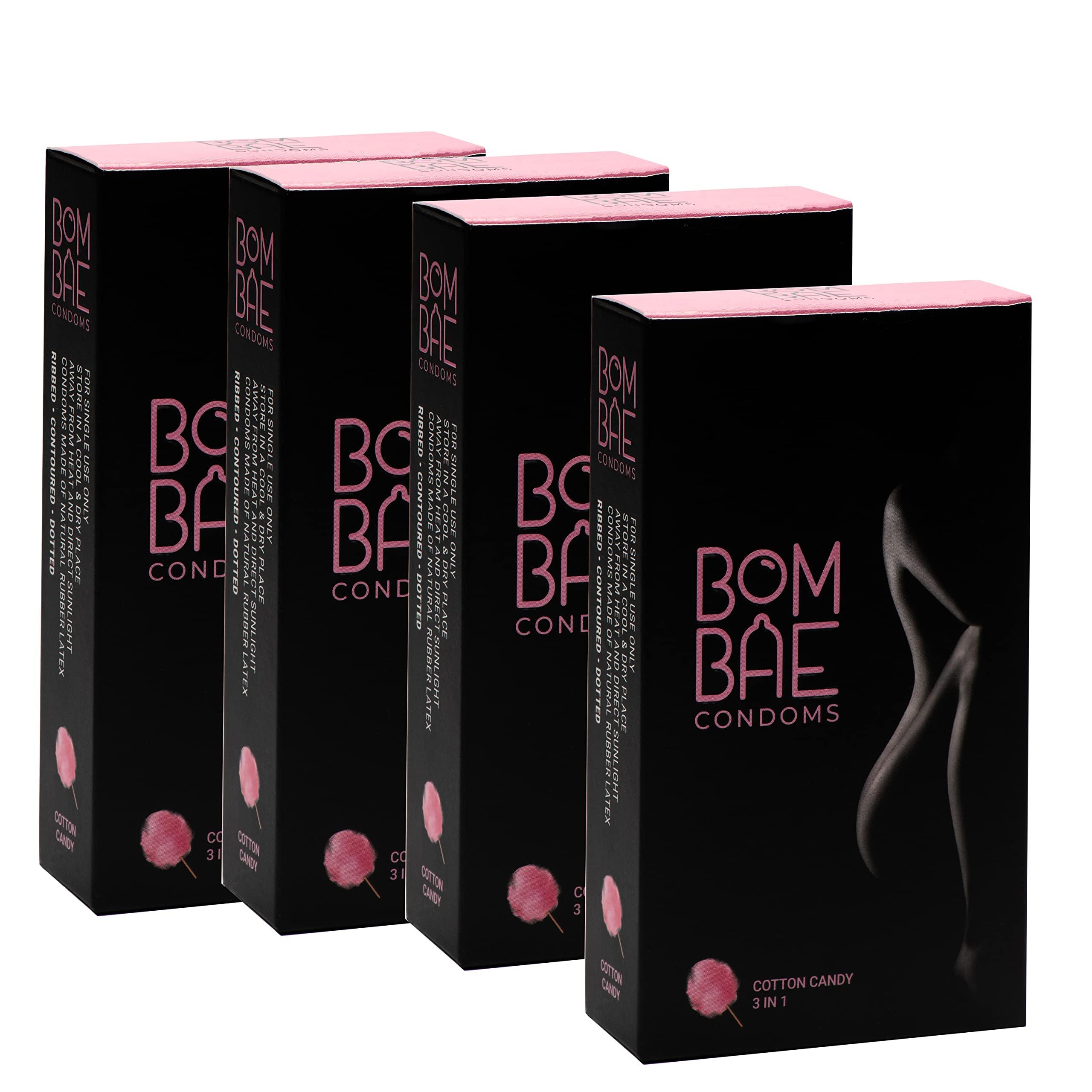 BOMBAE BOMBAE condoms Cotton Candy 3 in 1, Pack of 4 condoms for men family pack flavour Combo Pack of 4 (10 pieces per pack) 40 dotted condom combo pack offer men extra dotted, ribbed
