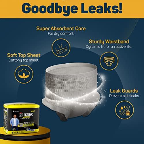 Friends Friends UltraThinz Slim Fit Adult Diapers (Dry Pants) for Men - Large – 9 Count - with thin design, grey colour, and anti-rash - Waist Size 25-48 Inch ;6 3.5-122 cm