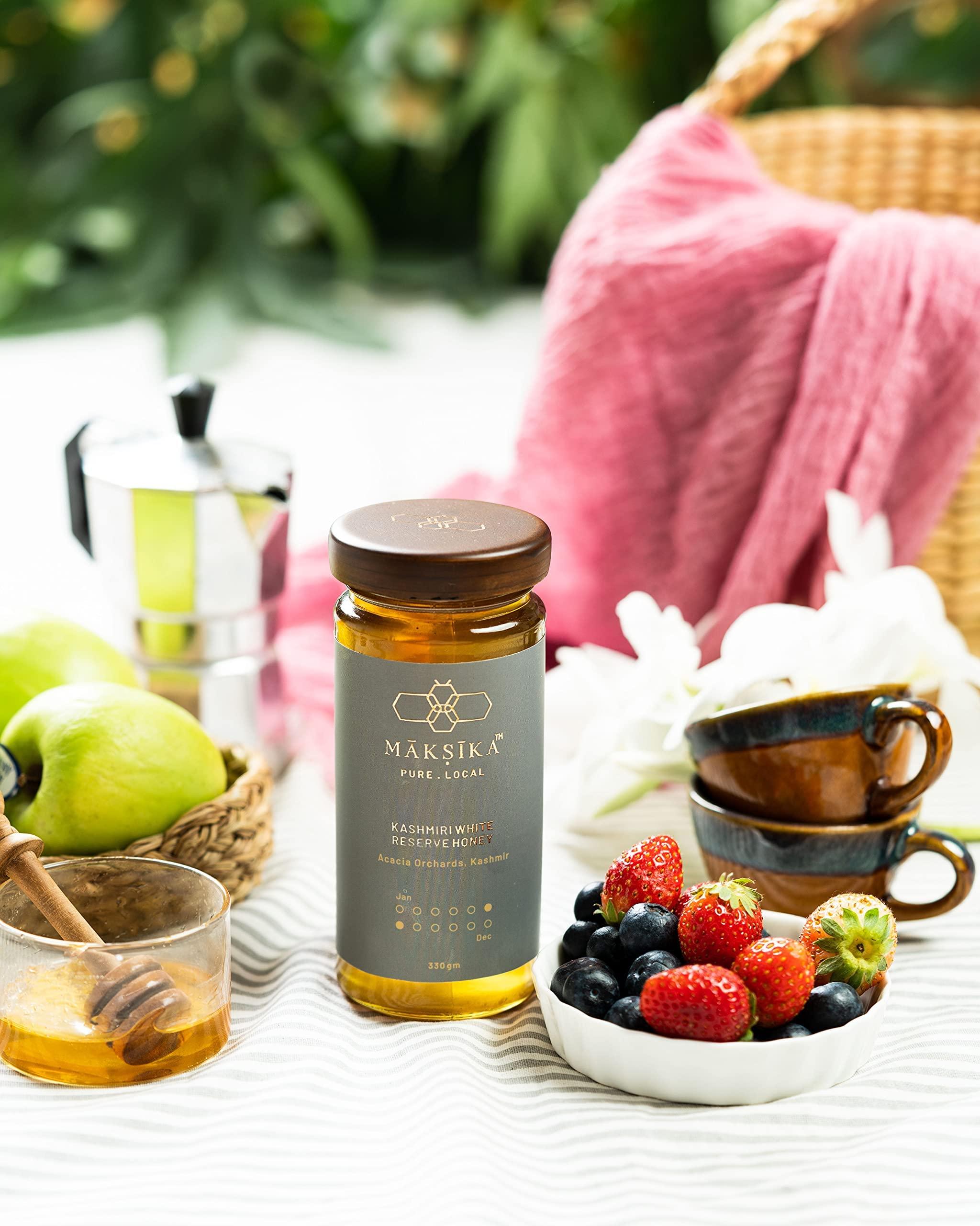 Maksika Maksika Kashmiri White Honey | Organic Honey Bottle - 330gms | Kashmiri Acacia Nectar with Light Vanilla Taste | Best paired with Chamomile or White Tea and Fresh Ricotta Cheese