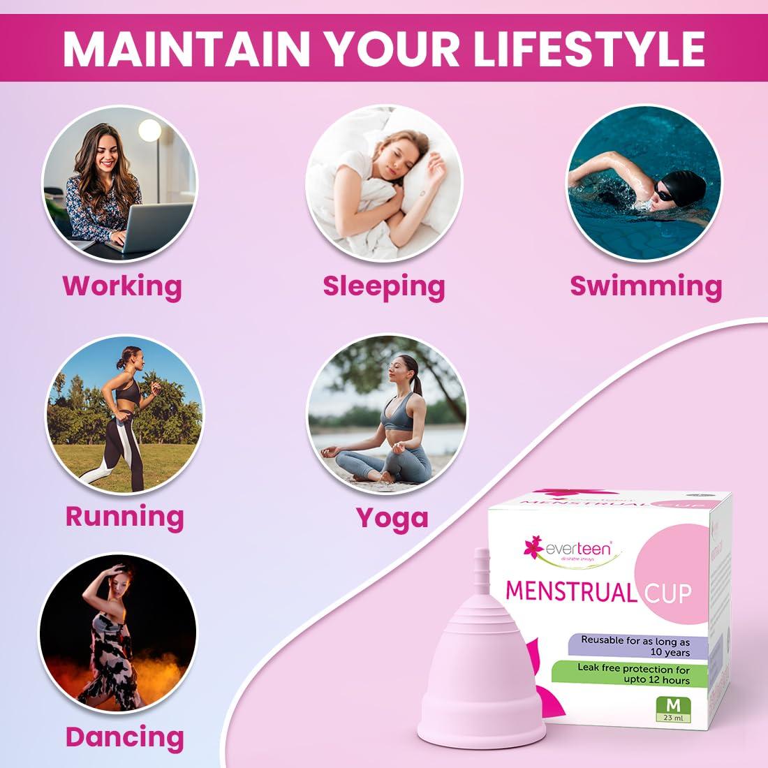 Everteen everteen Medium Menstrual Cup for Periods | Odor-Free, Rash-Free, No Leakage | 12-Hour Protection | Reusable For Up To 10 Years | Medical-Grade Silicone | Free Pouch | Sanitary Cup for Feminine Hygiene - 1 Pack