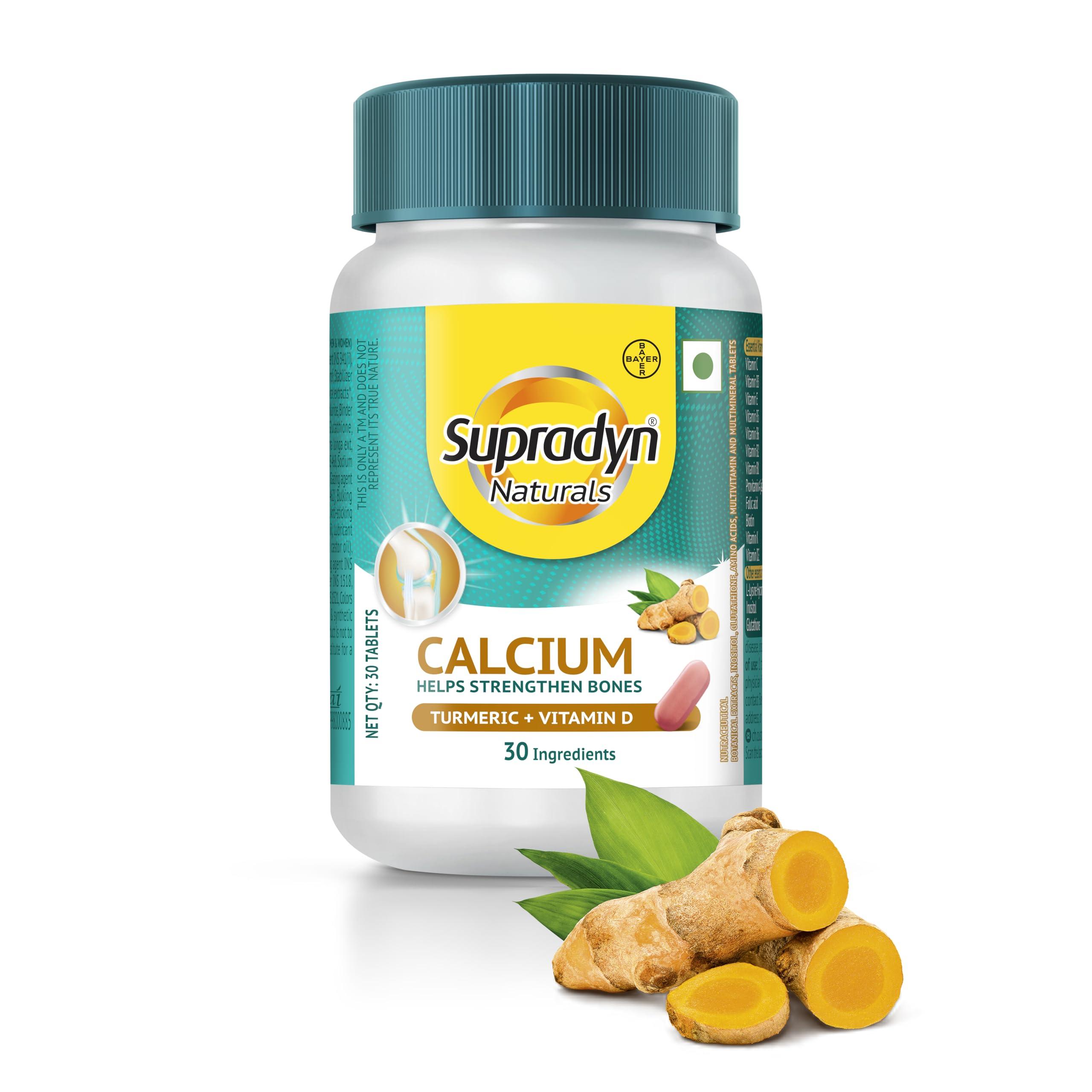 Supradyn Supradyn Naturals Calcium for Men and Women|Multivitamin with Vitamin D, Magnesium, Zinc, Vitamin B 12 & Turmeric|For Bone health and Joint support|Pack of 60 tabs|Veg