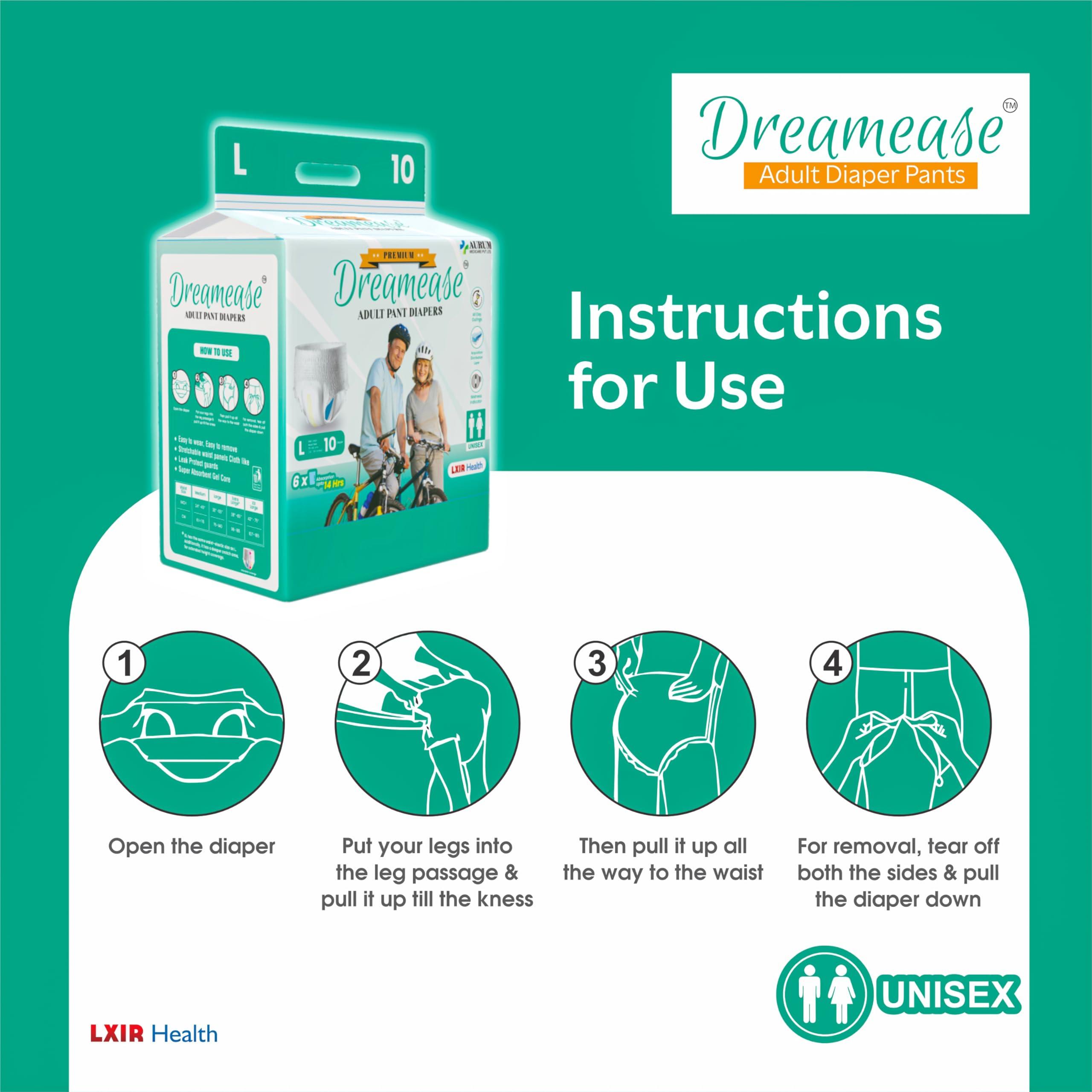 Dreamease Dreamease Adult Diapers Pants Style | Medium Size (M) Waist (61-115 Cm | 24-45) | 6X Super Absorbency Upto 14 Hrs | Unisex with Wetness Indicator | 10 Units. (XL)
