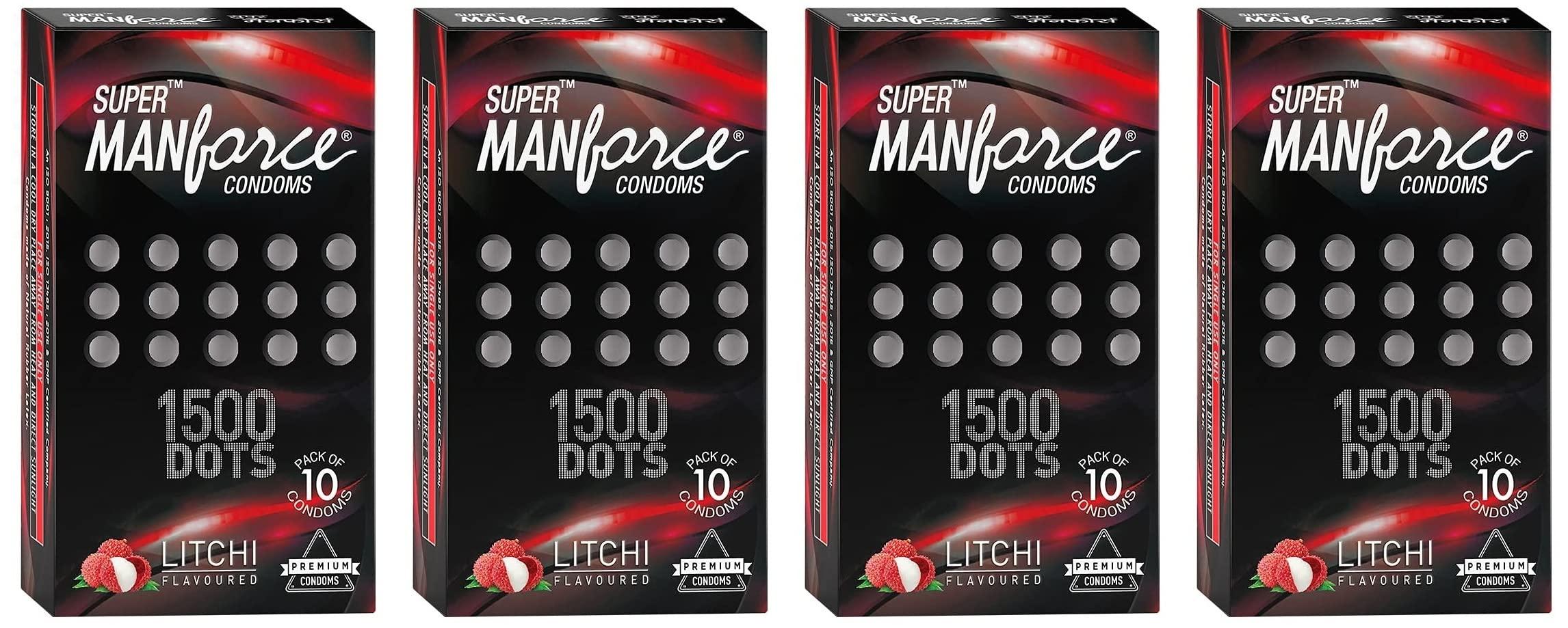Manforce Manforce Extra Dotted Condoms, Litchi Flavoured- 10 Pcs x Pack of 4