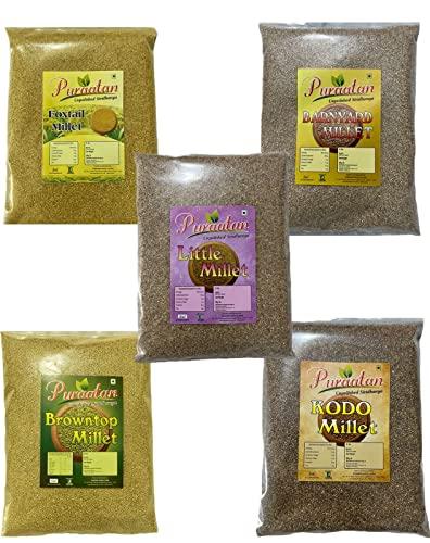 Generic Puraatan Unpolished Siridhanya Millets 3.75kg Combo | 750g Browntop Millet, 750g Kodo Millet, 750g Little Millet, 750g Barnyard Millet, 750g Foxtail Millet | Dr khadar vali 5 Positive Millets