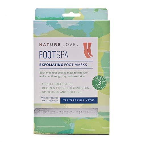 NATURE LOVE HARMONIOUS WELL-BEING Nature Love Exfoliating Foot Mask | Tea Tree Eucalyptus | Lactic Acid and Urea | Gently Exfoliates and Removes Dead Skin | Paraben Free (3 Pairs)