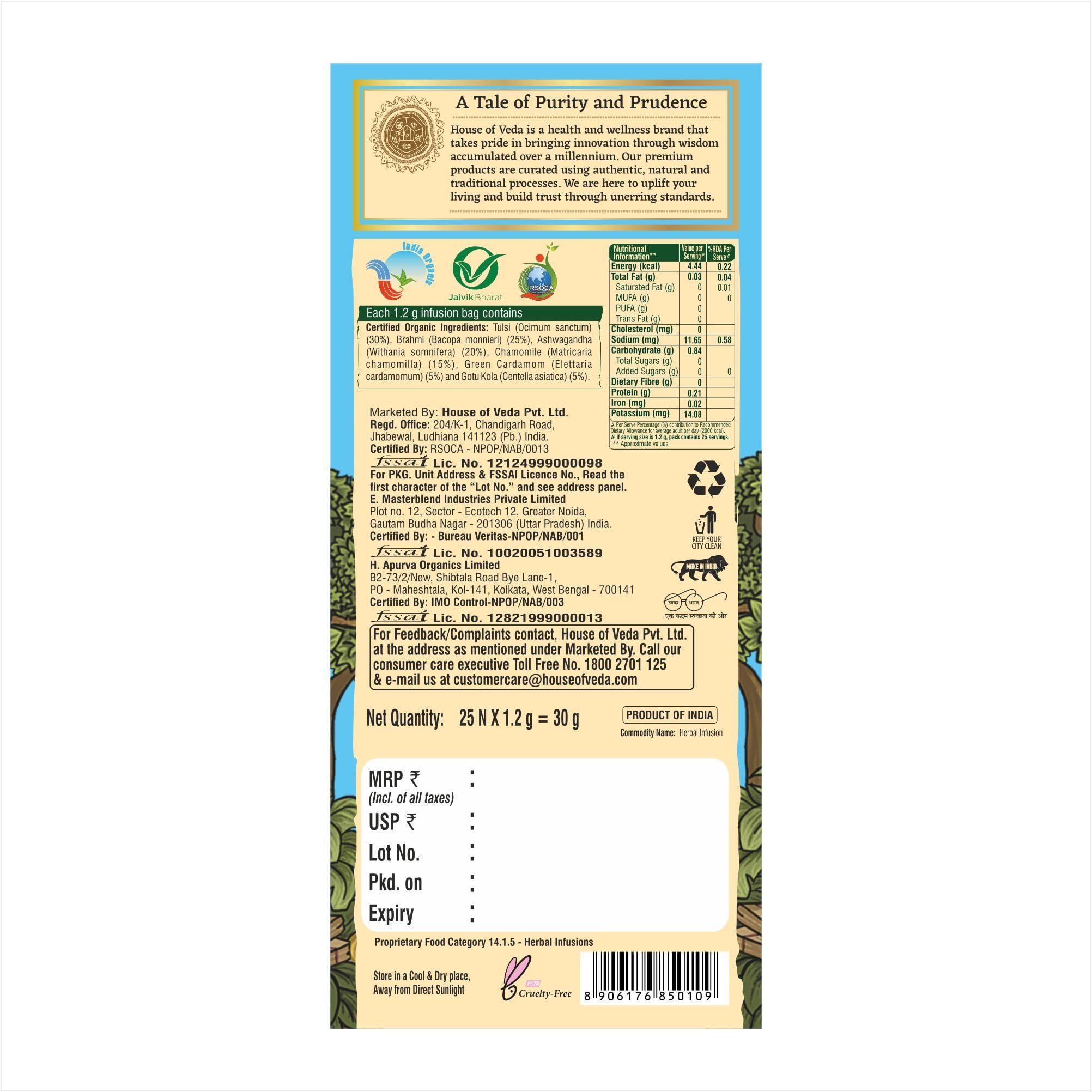 HOUSE OF VEDA House of Veda Calming Infusion - 25 Infusion Bags | Soothing Blend with Mulethi, Gotu Kola, Nutmeg, Cardamom, Chamomile, Tulsi, Shankhpushpi, Ashwagandha, and Brahmi
