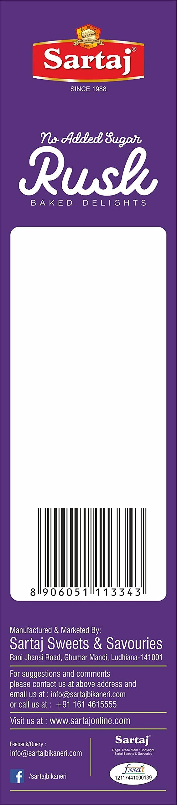 Sartaj Sartaj Sugar Free Rusk, No Added Sugar, 350g