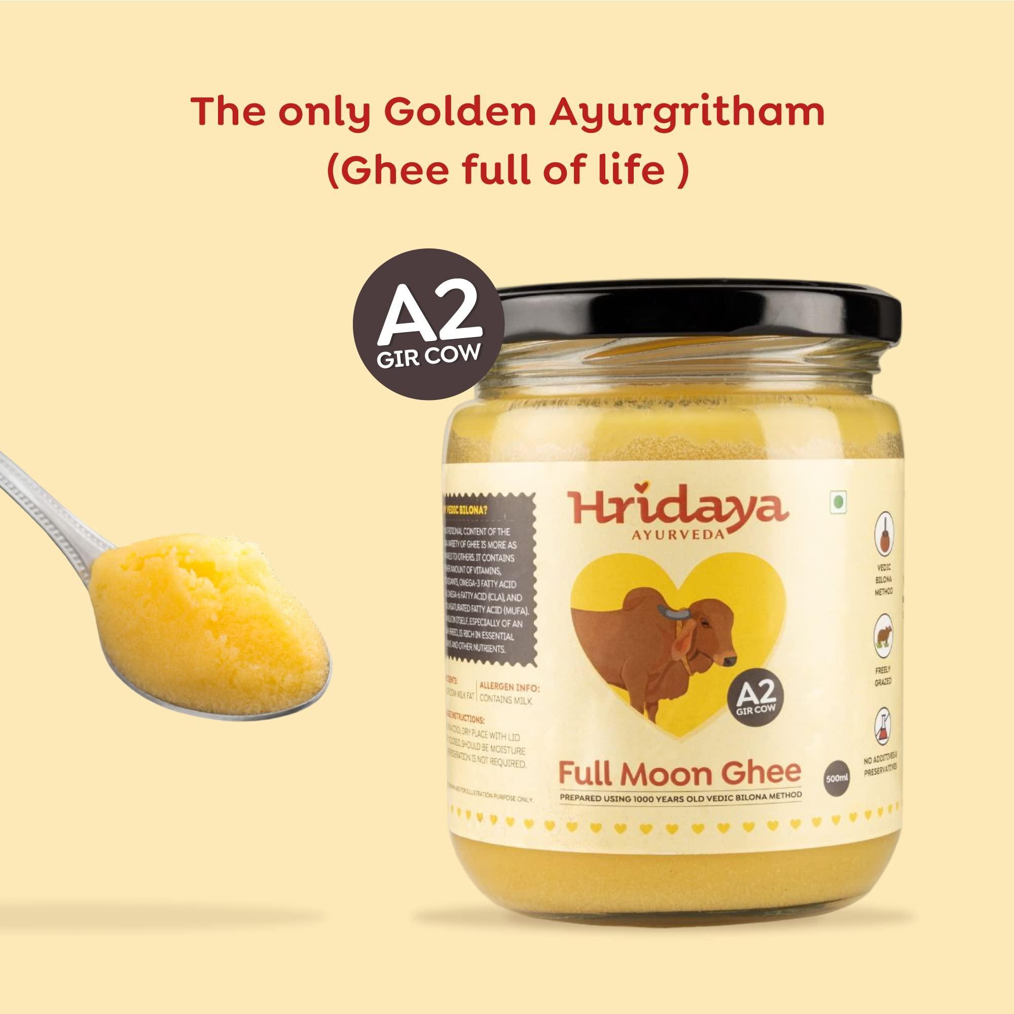 HRIDAYA AYURVEDA Hridaya Ayurveda A2 Gir Cow Ghee 500 ml - Vedic Bilona Method Curd Churned Ghee from Freely Grassed Cow - Unadulterated & Healthy Full Moon Cultured Cow Ghee