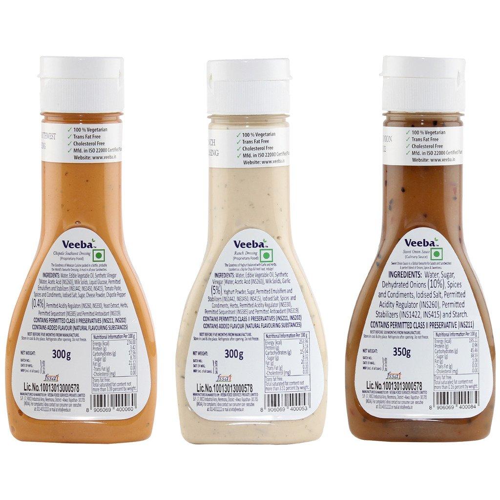 VEEBA Veeba Chipotle Southwest Dressing, 300g with Ranch Dressing, 300g and Sweet Onion Sauce, 350g