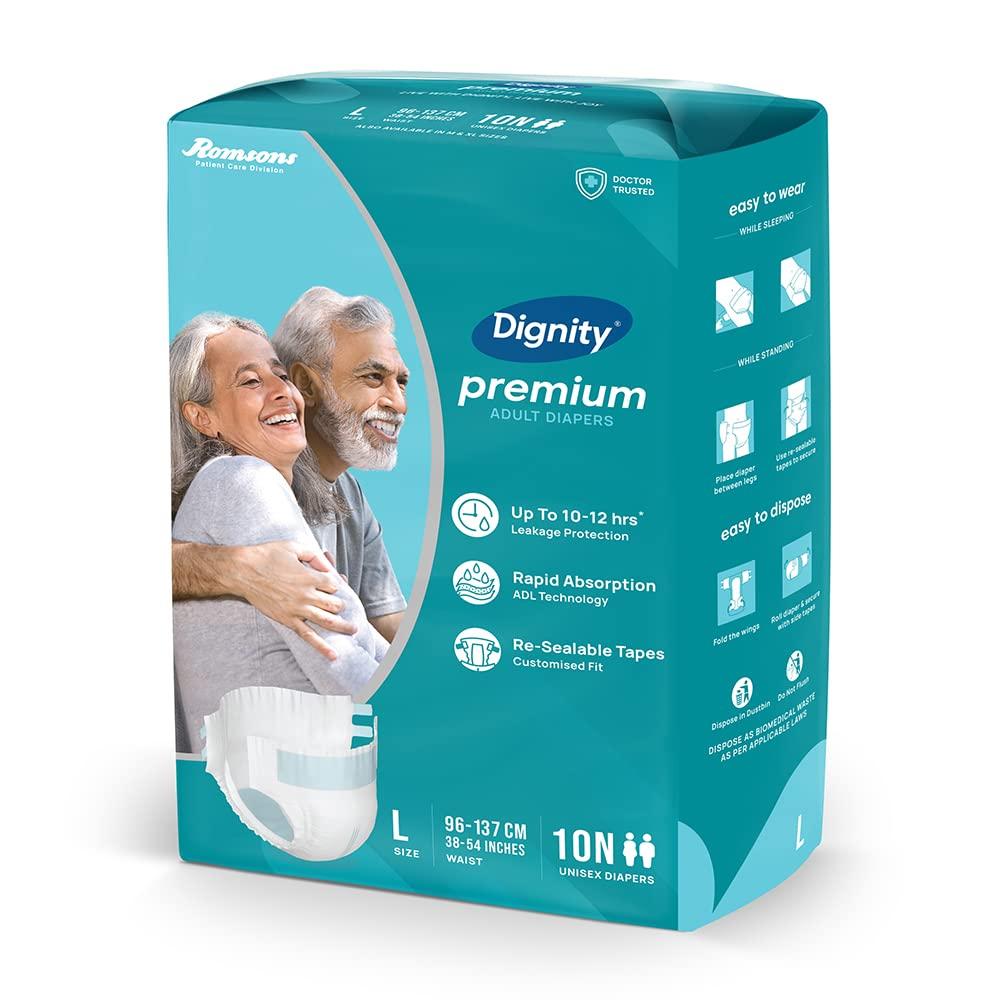 DIGNITY Dignity Premium Adult Diapers, Tape Style - 60 Count (Large) with Extra Absorbent Core, Wetness Indicator, Waist Size 38\" - 54\", 10 Pcs/Pack (Pack of 6)