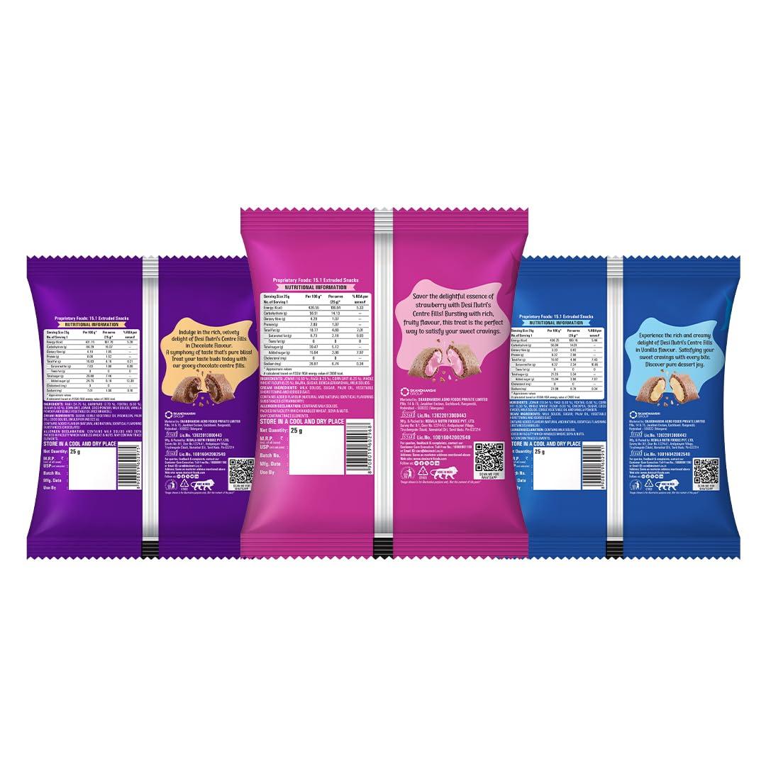 Desi Nutri Desi Nutri Centre Fills Millet Chocos Combo pack 25GX4(100G) | With the goodness of Millets | (2N X Chocolate Fills, Vanilla Fills & Strawberry Fills) | Pack of 4 | Free toy inside
