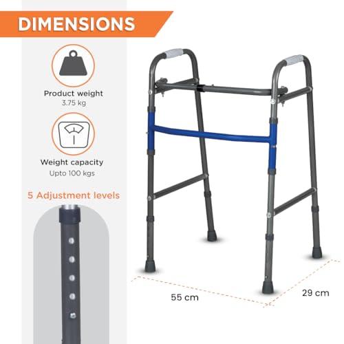 Vissco Vissco Medipedic Walker Plain With Double Bar,Walker for Elderly & Physically Challenged,Foldable, Light Weight & Height Adjustable, Made with Premium Grade Rubber Shoes & PVC Grip -Universal(Grey)