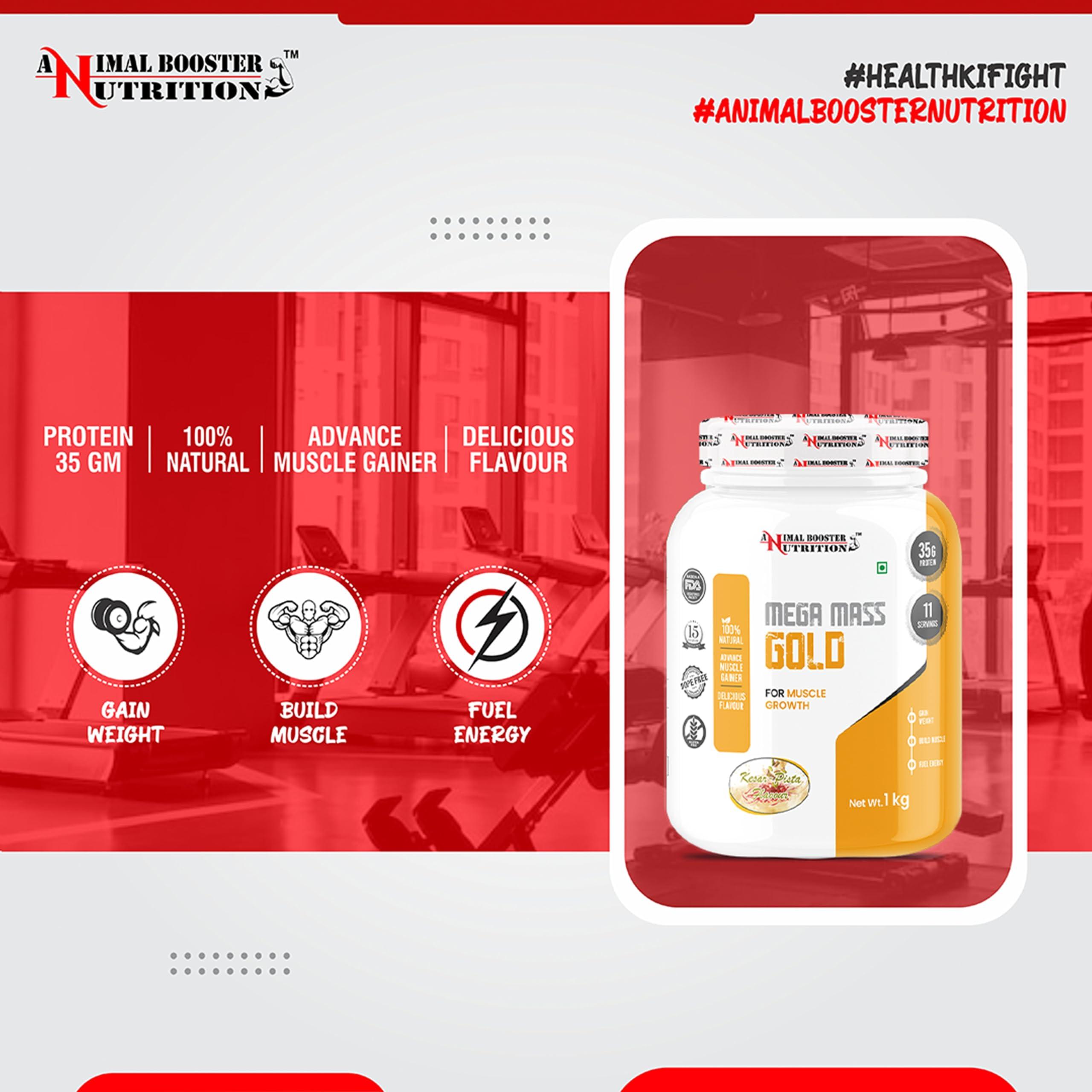 ANIMAL BOOSTER NUTRITION Animal Booster Nutrition Mega Mass Gold Weight Gainer, 35gm Of Protein in 90gm of Serving, For Weight Gain, Build Muscle & Fuel Energy Kesar Pista(11Servings/1KG)