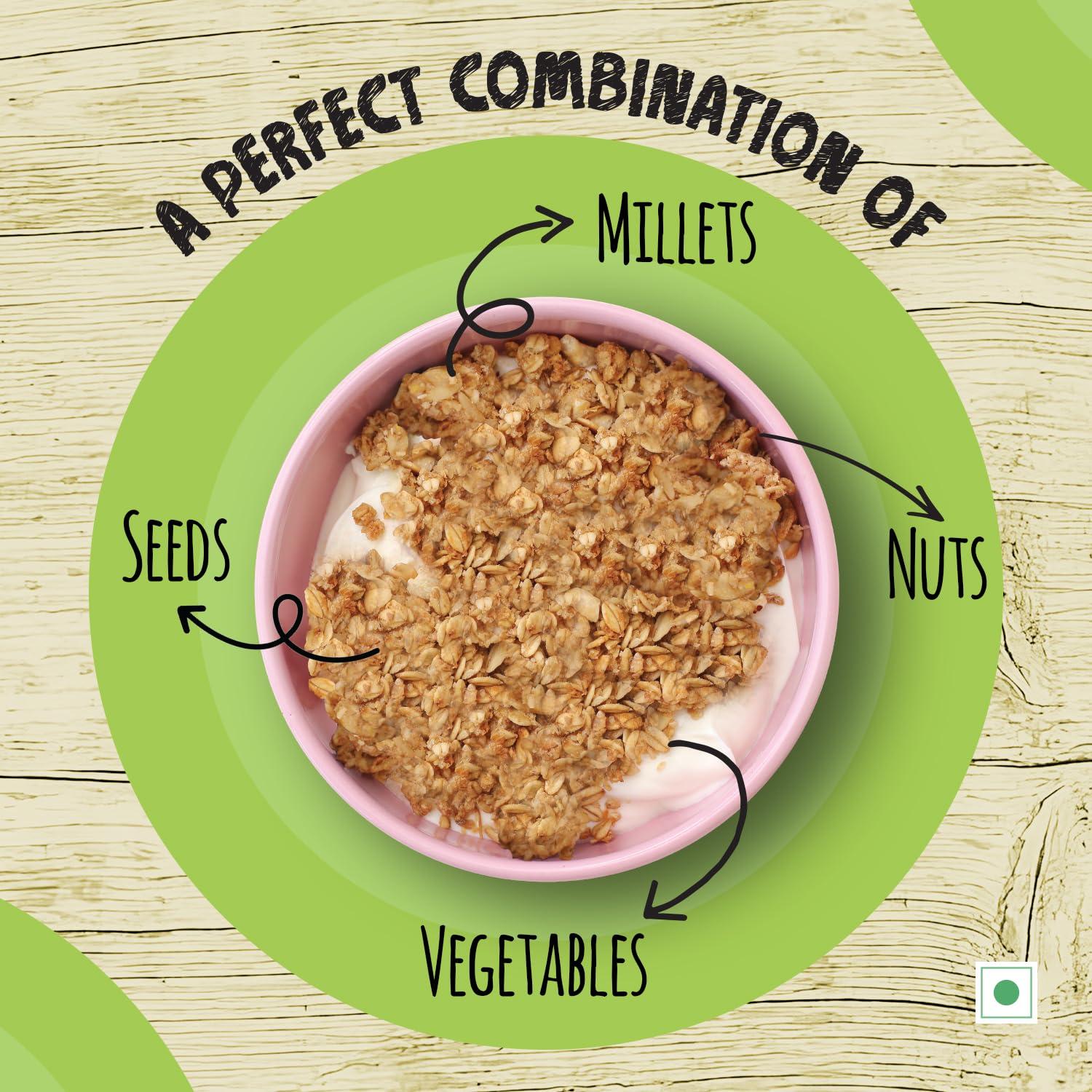 ORGANIC HABITS ORGANIC HABITS Muesli, Diabetic Friendly Breakfast Cereal With Fruit, Nuts, Seeds, Vegetables, Millets & Wholegrain | Source Of Protein And Vitamins B1 & C Probiotics Zero Sugar (400 G)