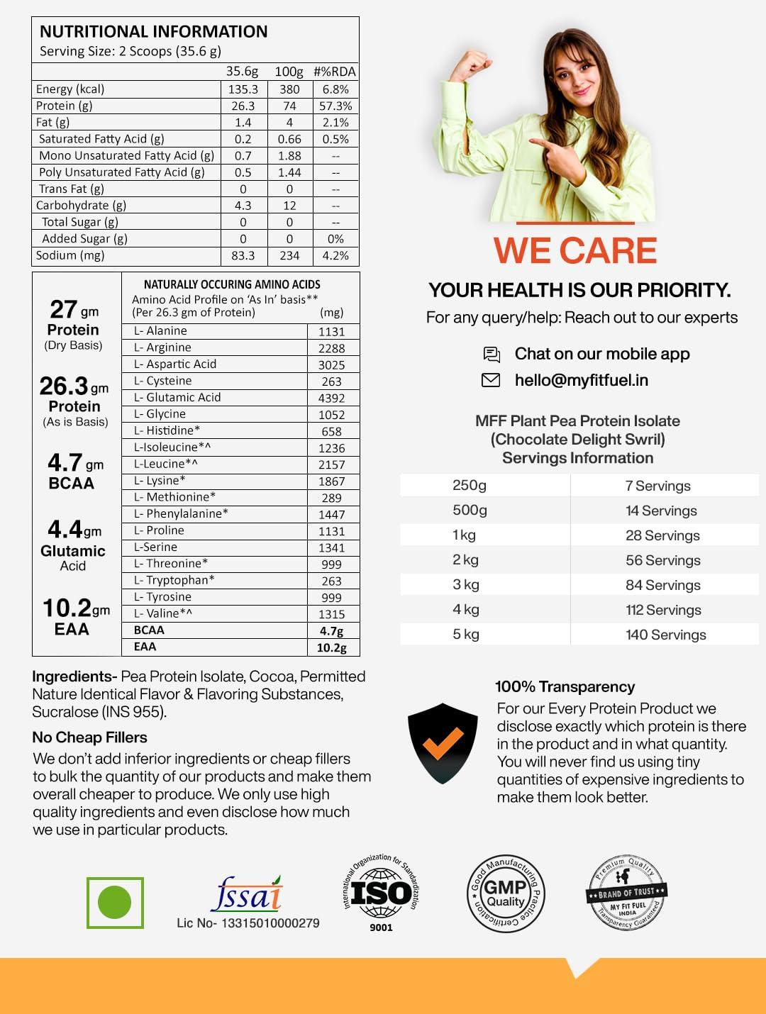 MyFitFuel MyFitFuel Clean Plant Pea Protein Isolate (26.3g Protein, 4.7g BCAA, 10.2g EAA) |Easy to Digest | Vegan Plant Protein Powder [500g, 14 Servings, (Chocolate Delight Swirl)]